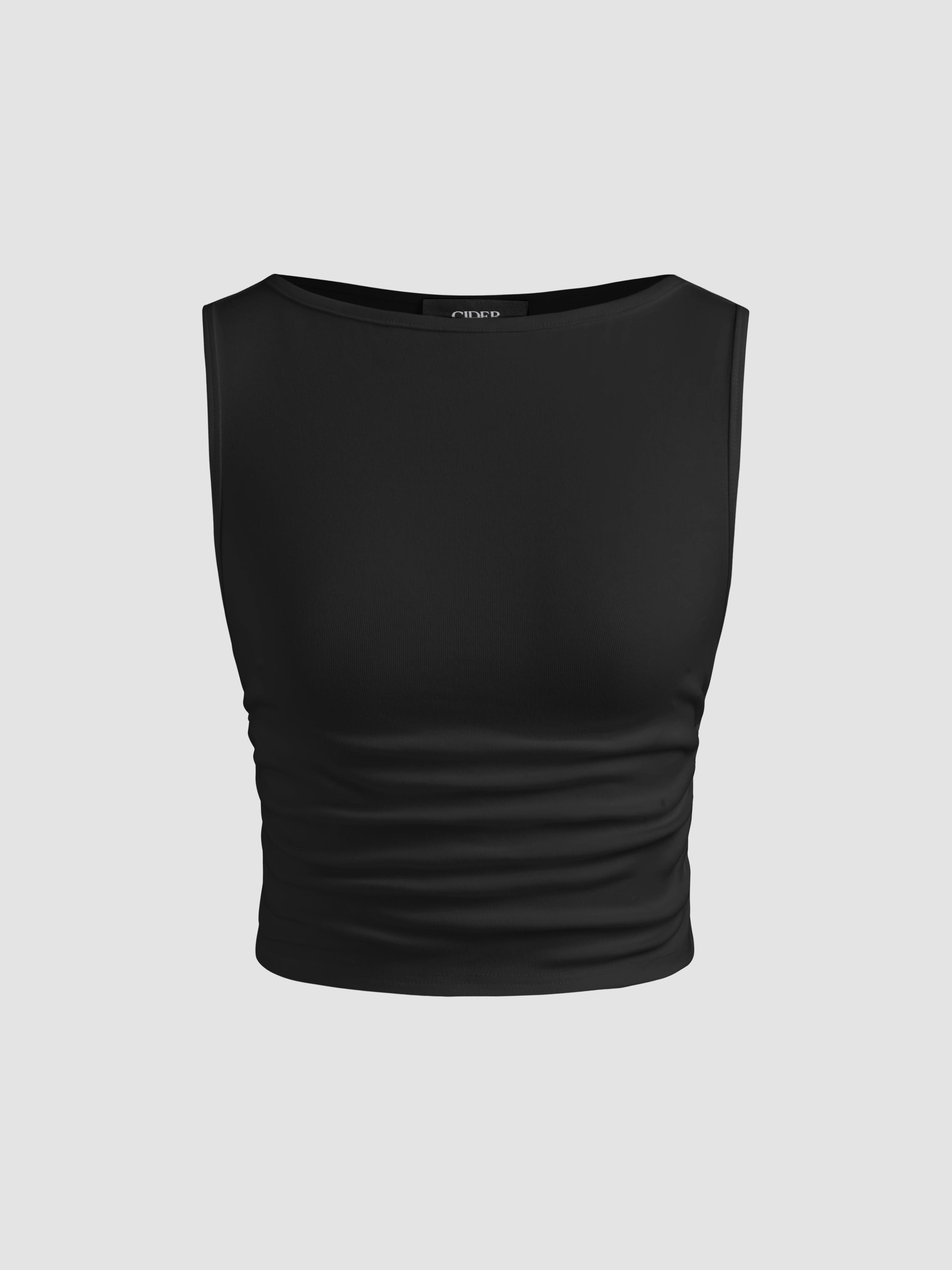 Boat Neck Ruched Solid Crop Tank Top by CIDER
