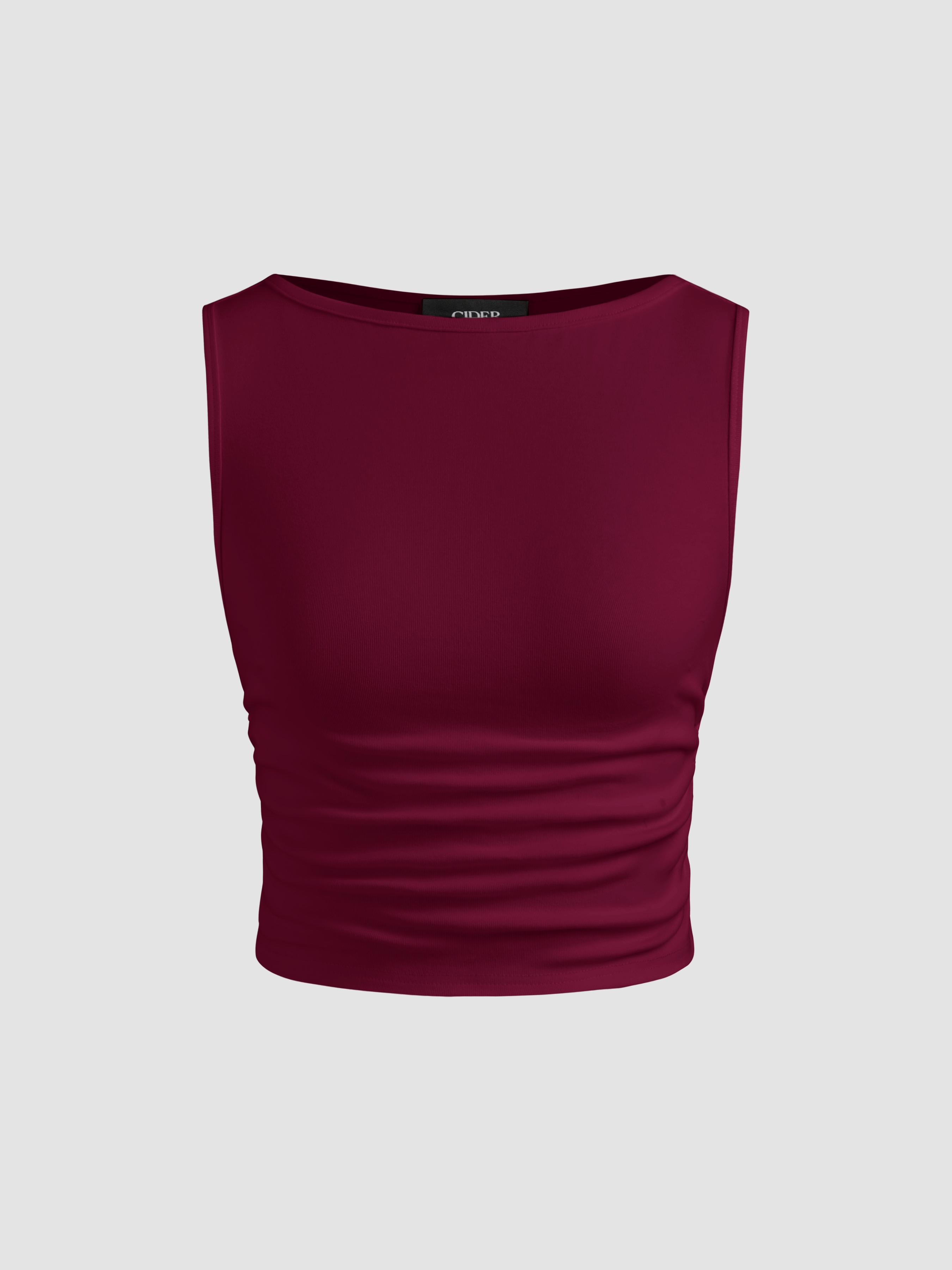 Boat Neck Ruched Solid Crop Tank Top by CIDER