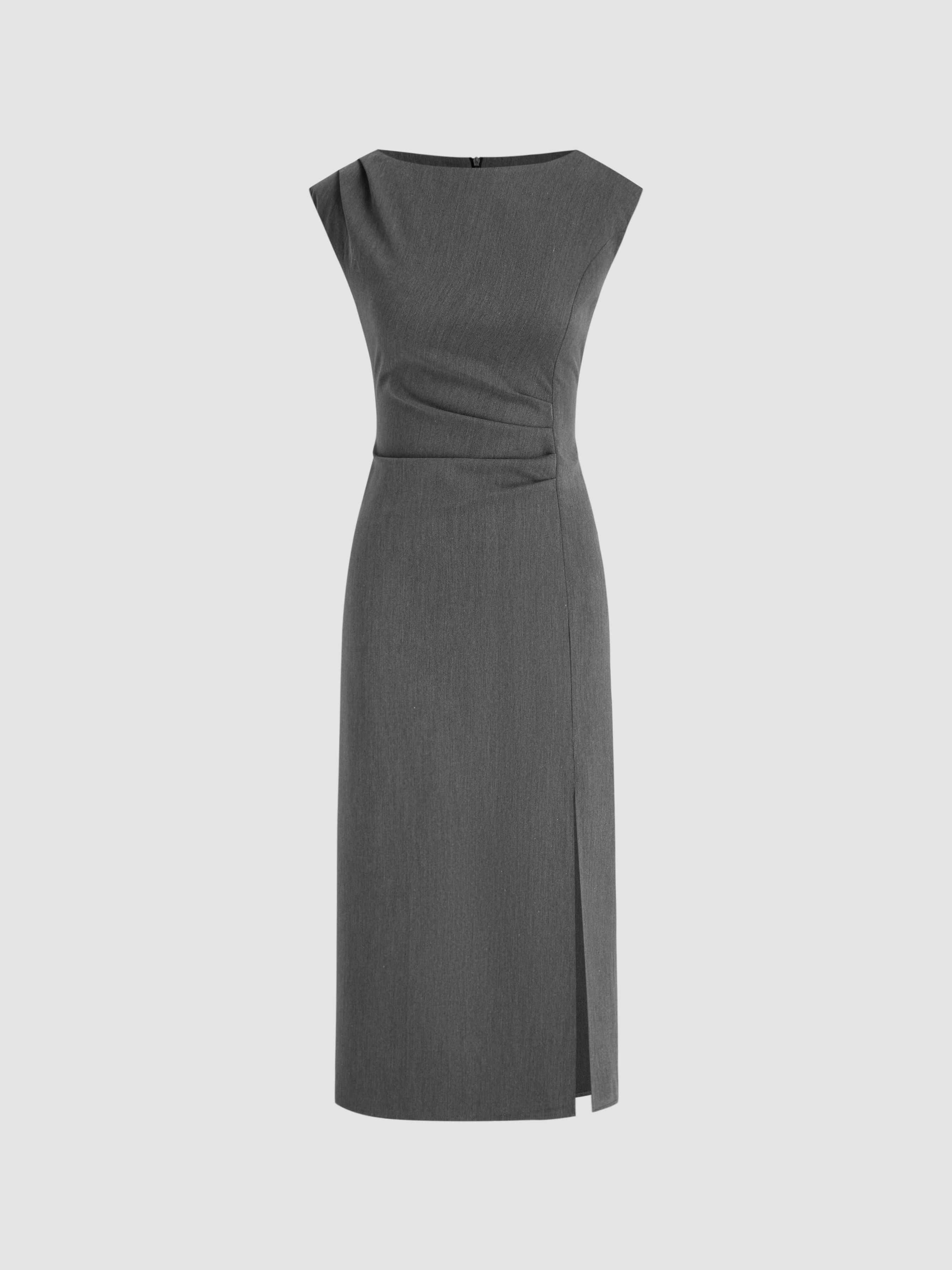 Boat Neck Ruched Split Maxi Dress by CIDER