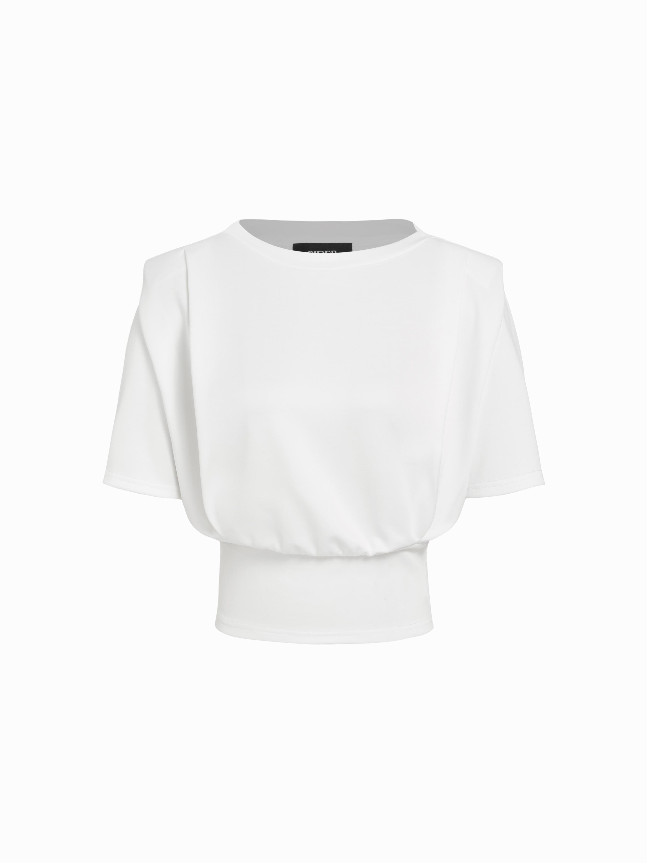 Boat Neck Short Sleeve Pleated Top With Shoulder Pads by CIDER