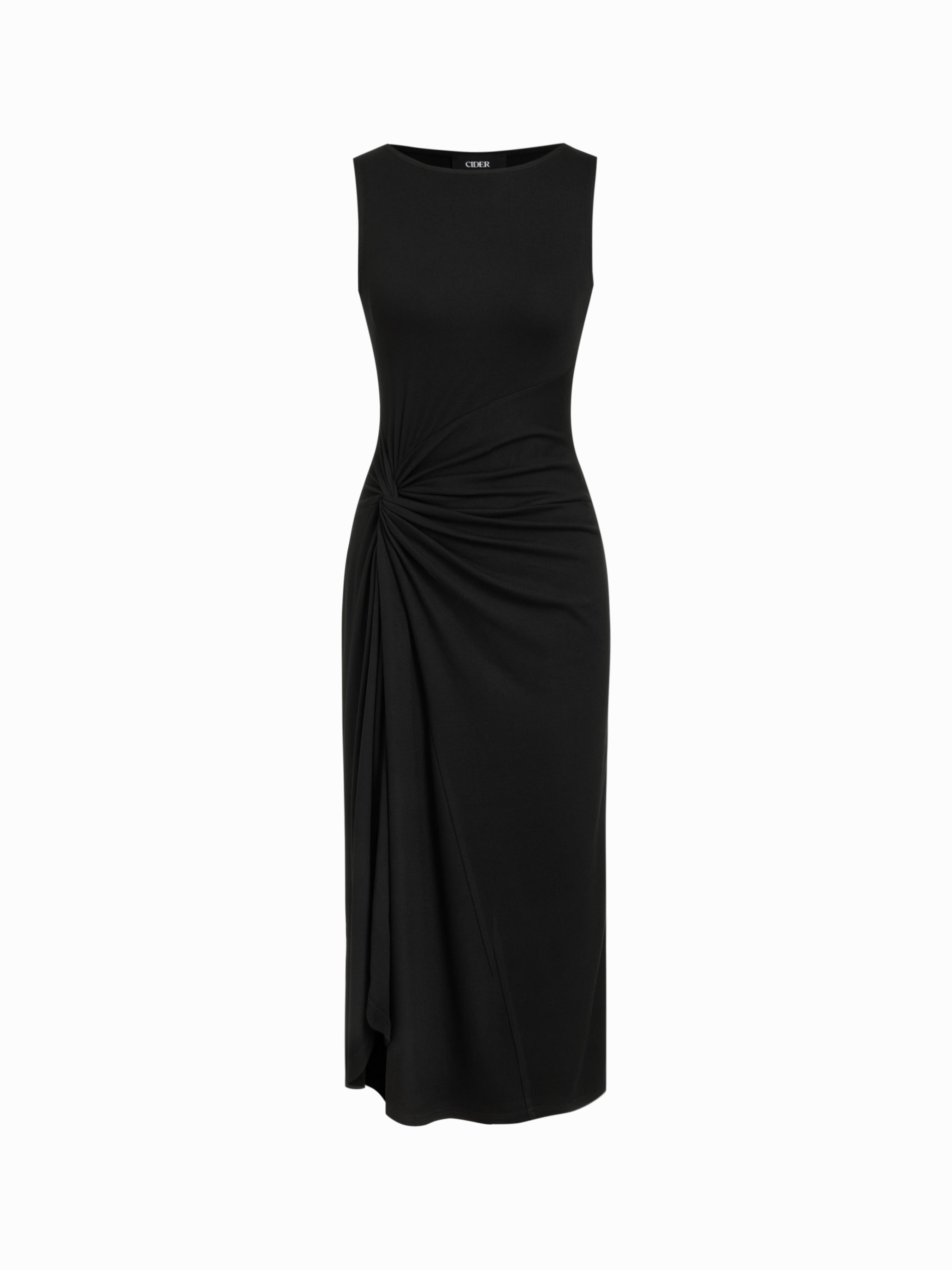 Boat Neck Side Twist Draped Mandarin Midi Dress by CIDER
