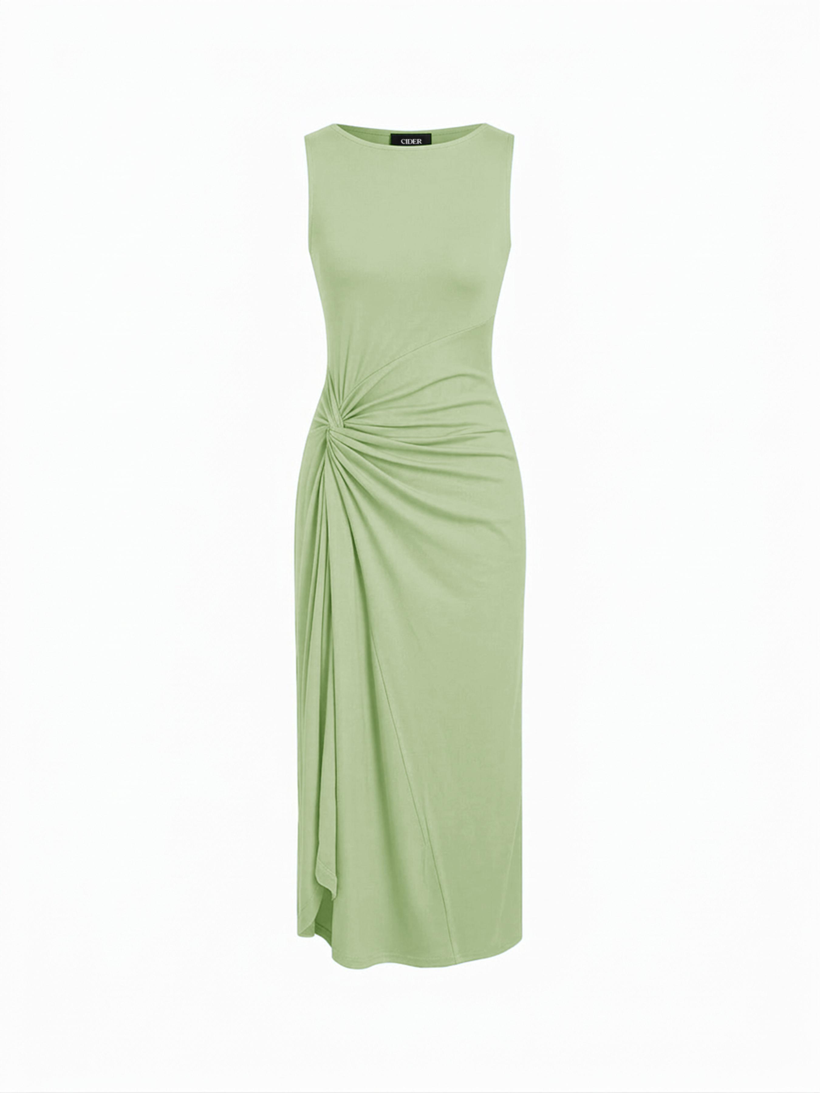 Boat Neck Side Twist Draped Mandarin Midi Dress by CIDER