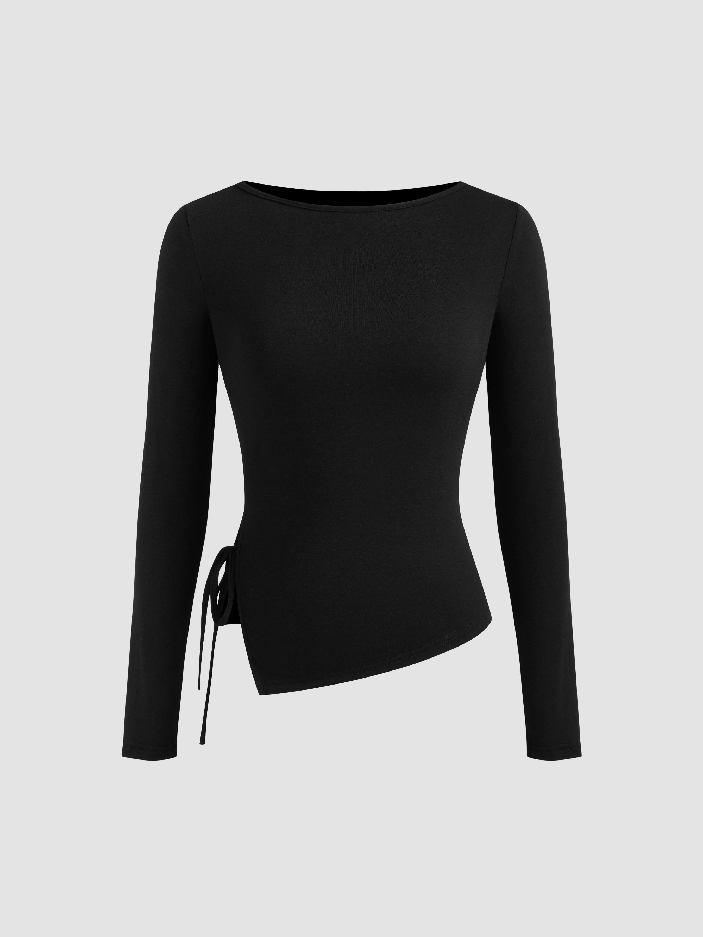 Boat Neck Solid Knotted Long Sleeve Tee by CIDER