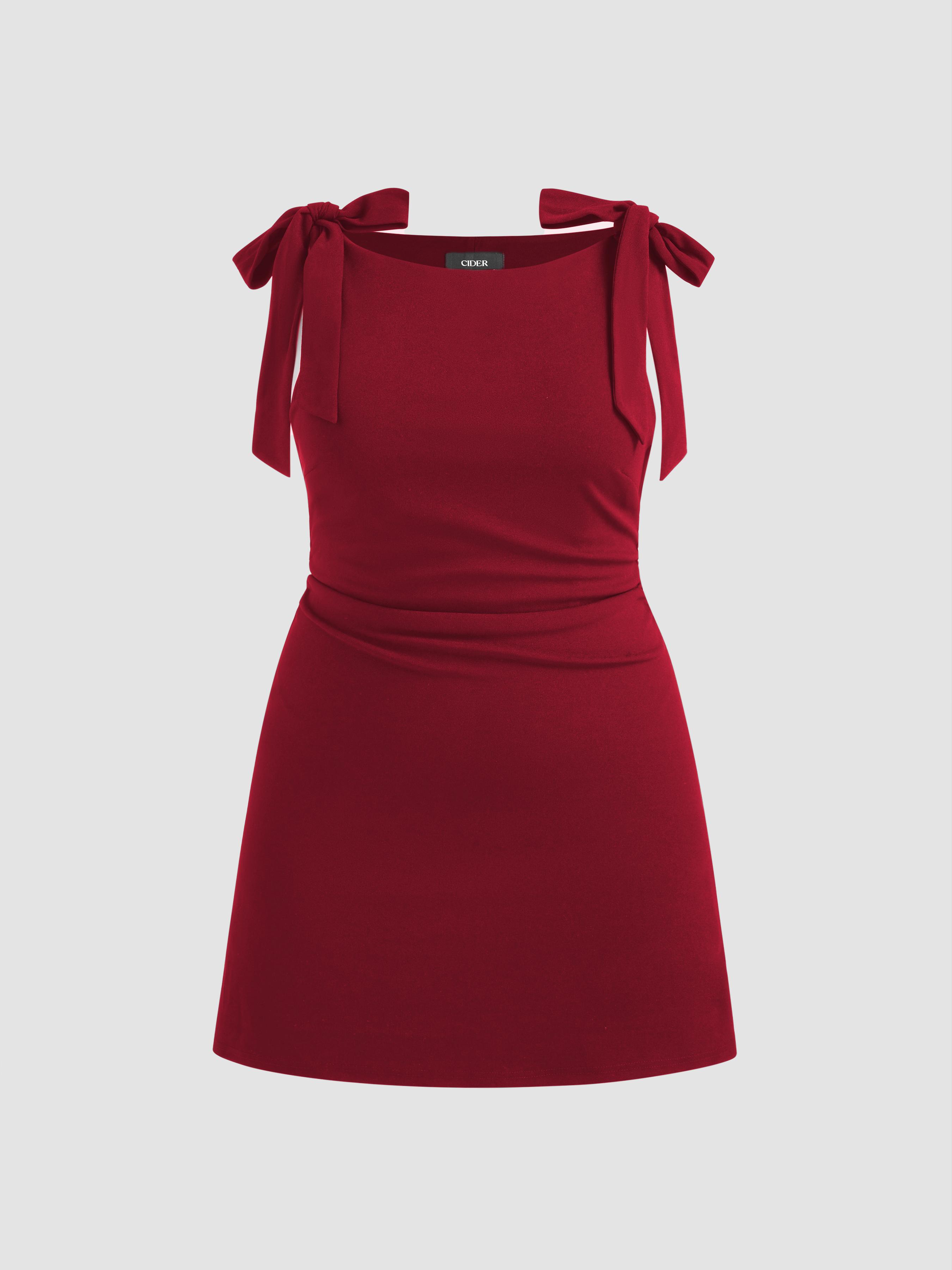 Boat Neck Solid Ruched Bowknot Mini Dress Curve & Plus by CIDER