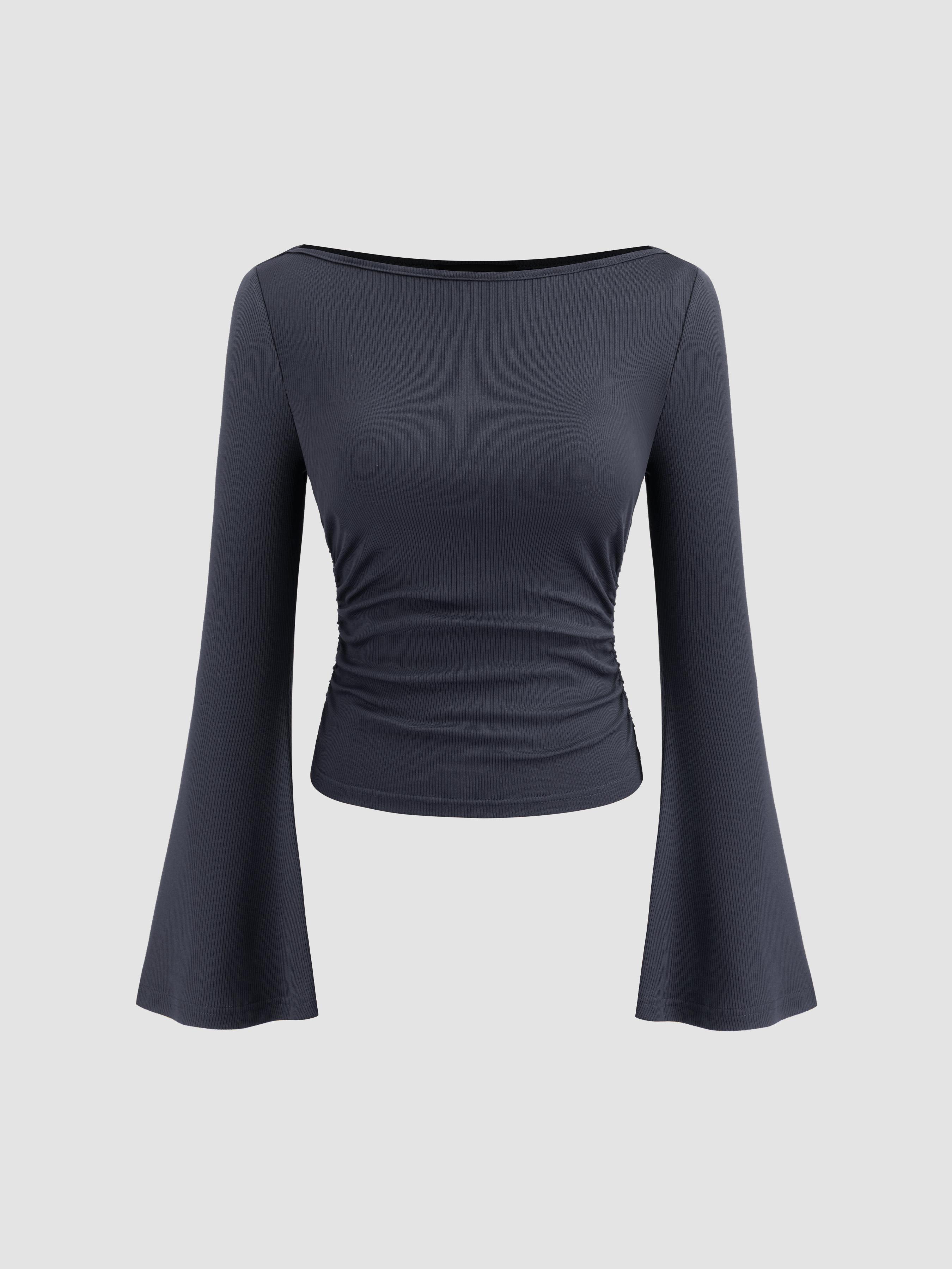 Boat Neck Solid Ruched Long Sleeve Tee by CIDER