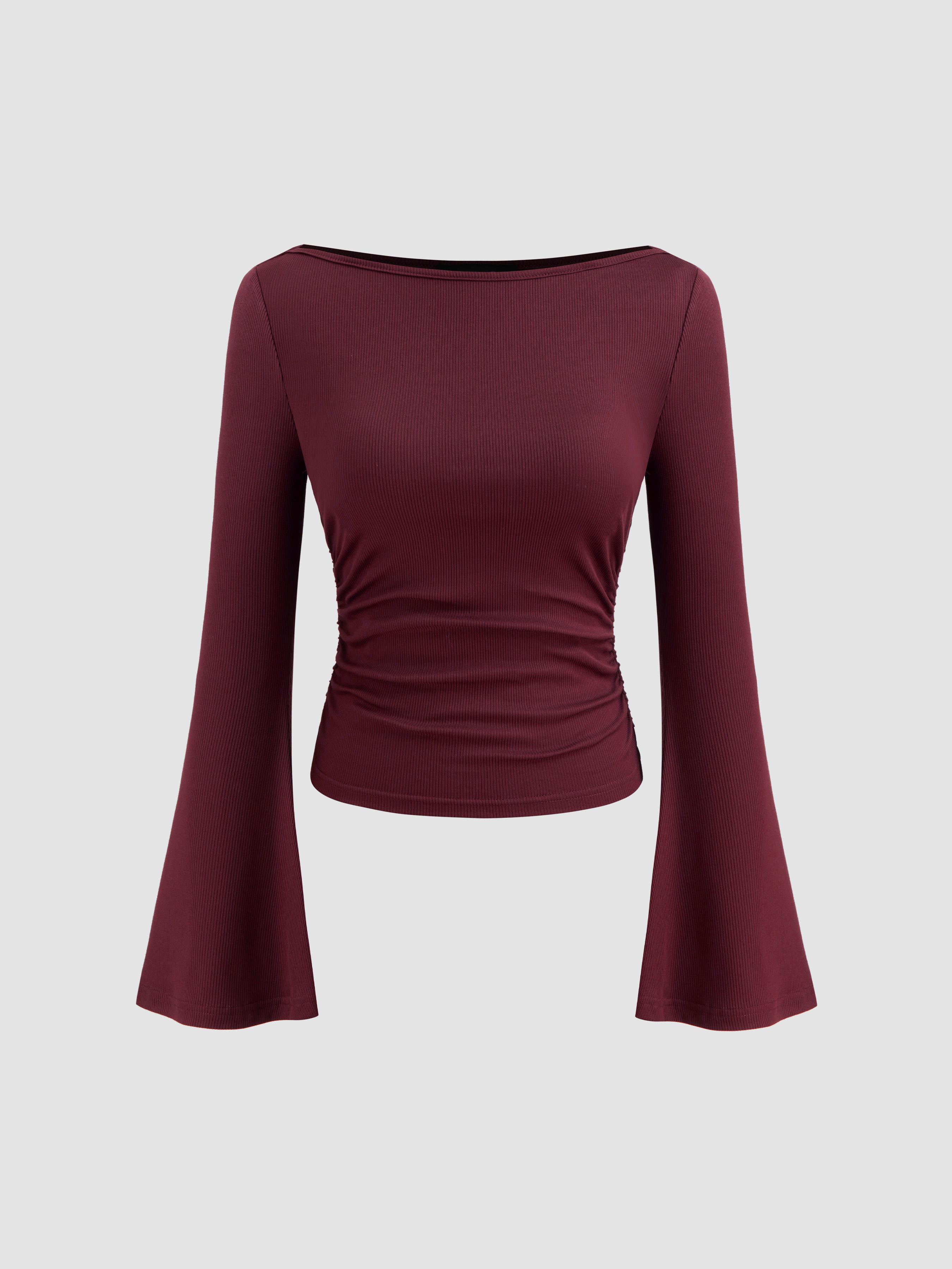 Boat Neck Solid Ruched Long Sleeve Tee by CIDER