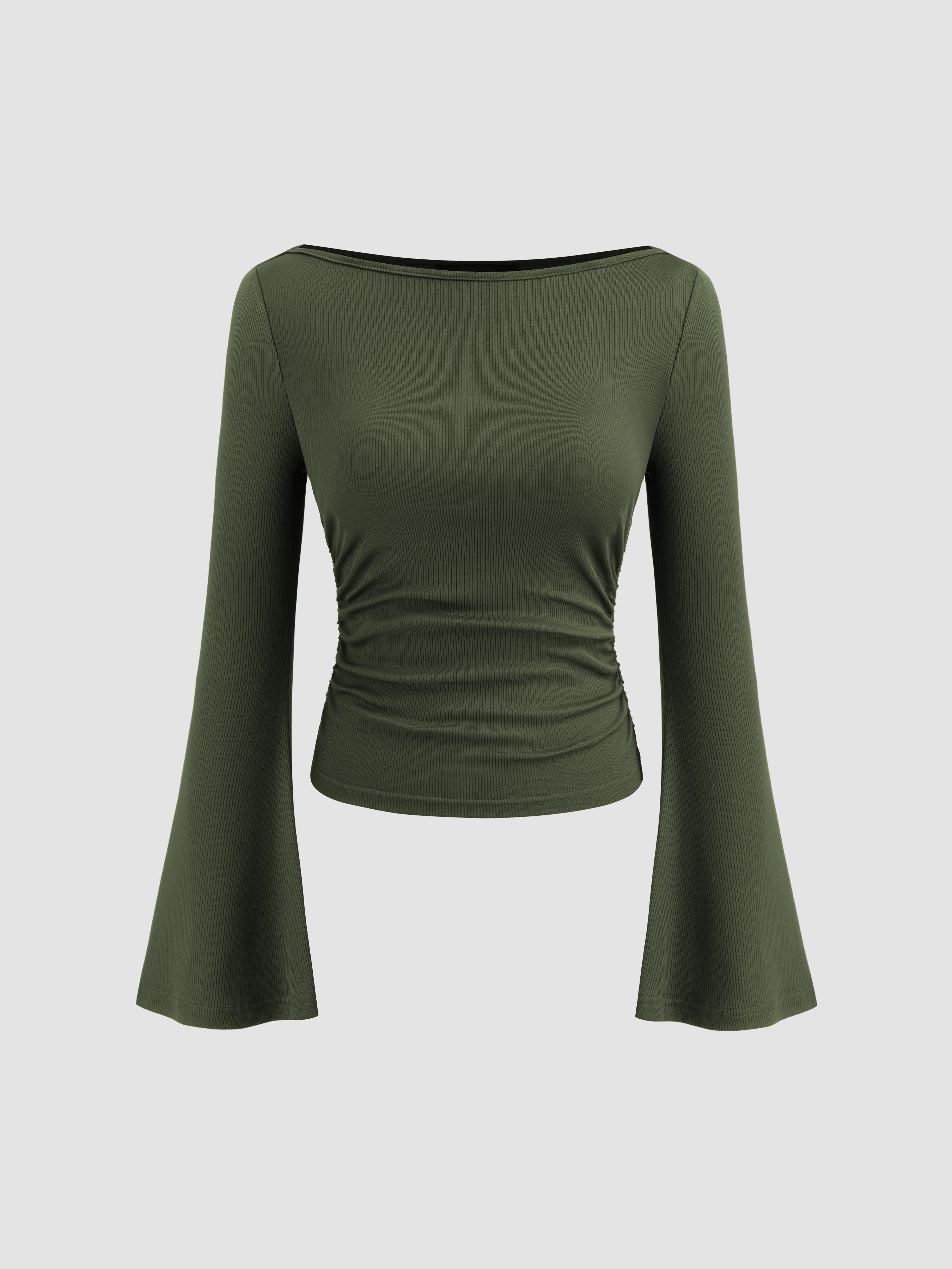 Boat Neck Solid Ruched Long Sleeve Tee by CIDER