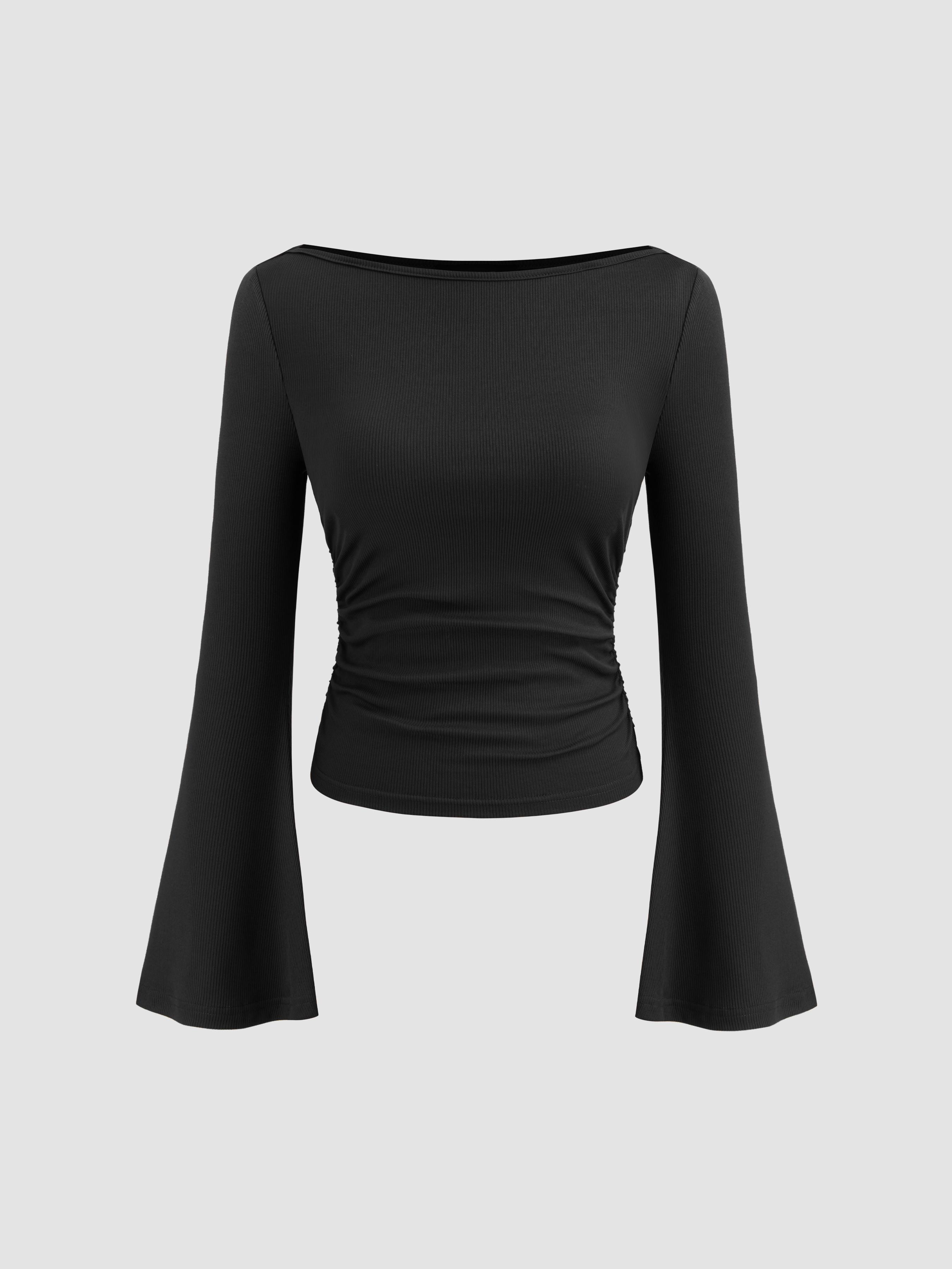 Boat Neck Solid Ruched Long Sleeve Tee by CIDER