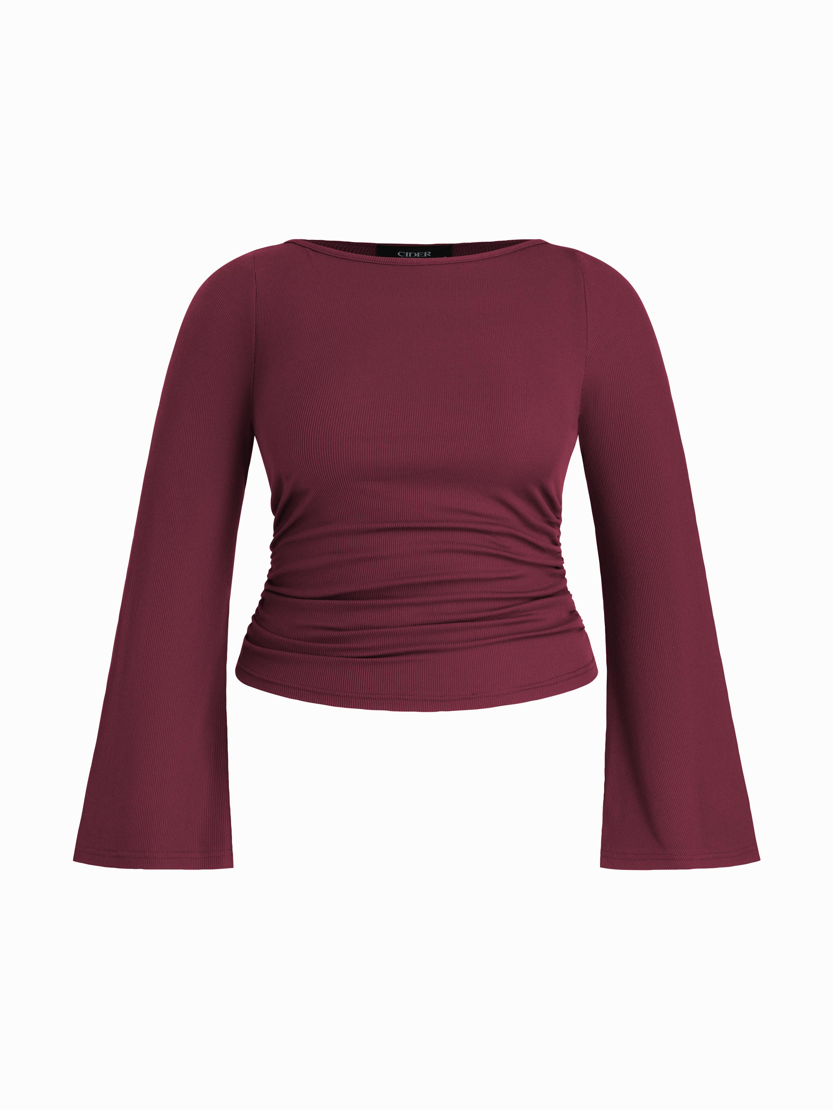 Boat Neck Solid Ruched Long Sleeve Tee Curve & Plus by CIDER