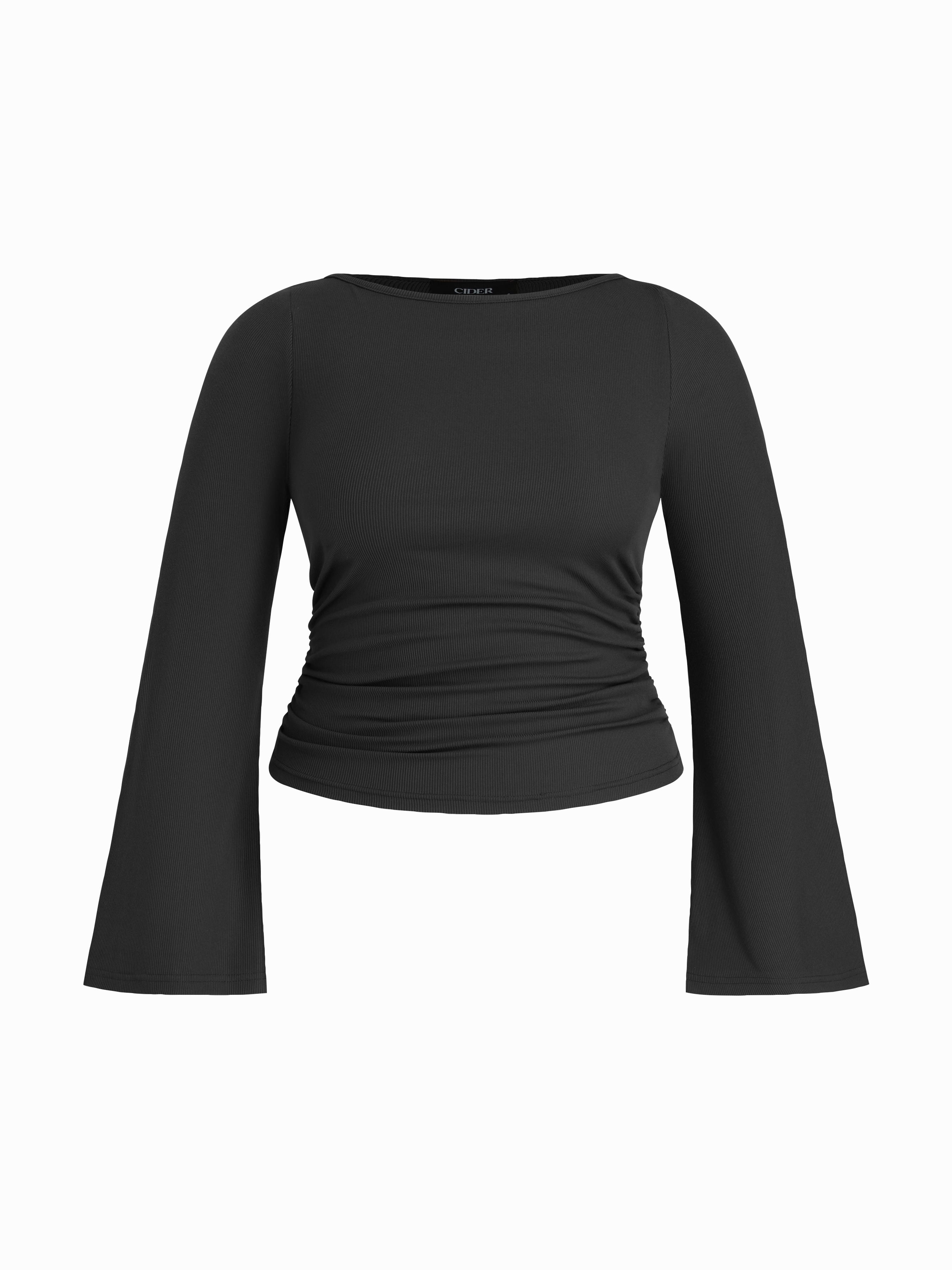Boat Neck Solid Ruched Long Sleeve Tee Curve & Plus by CIDER