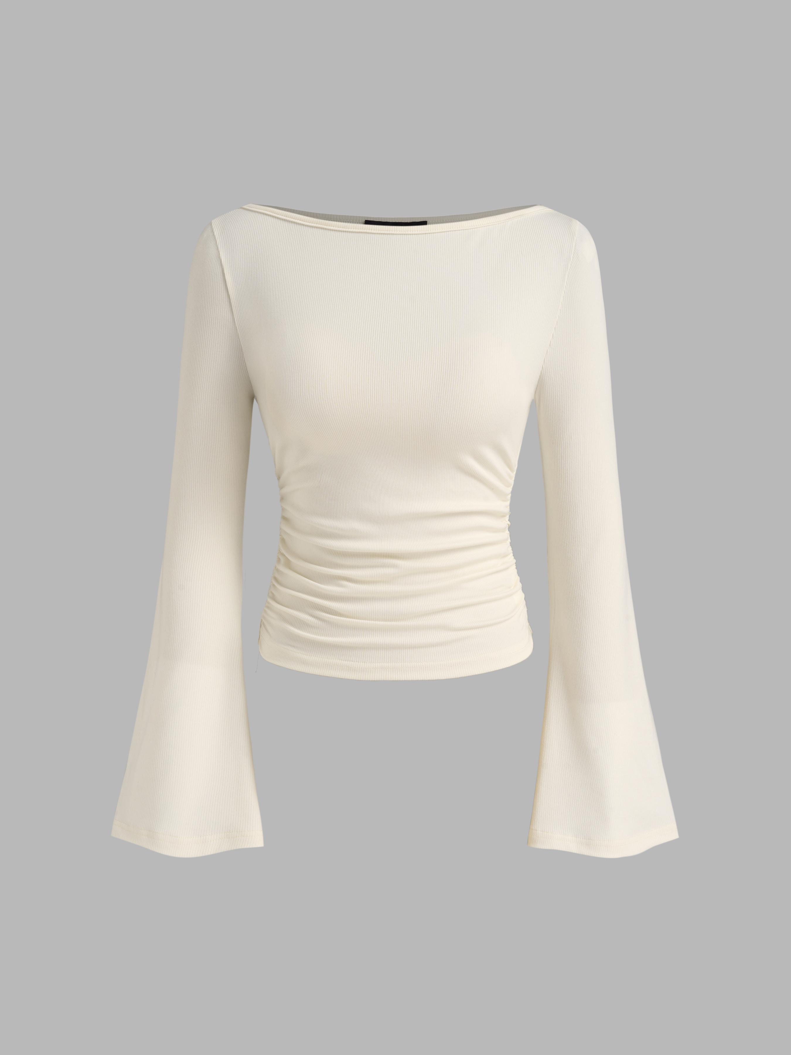 Boat Neck Solid Ruched Long Sleeve Tee by CIDER
