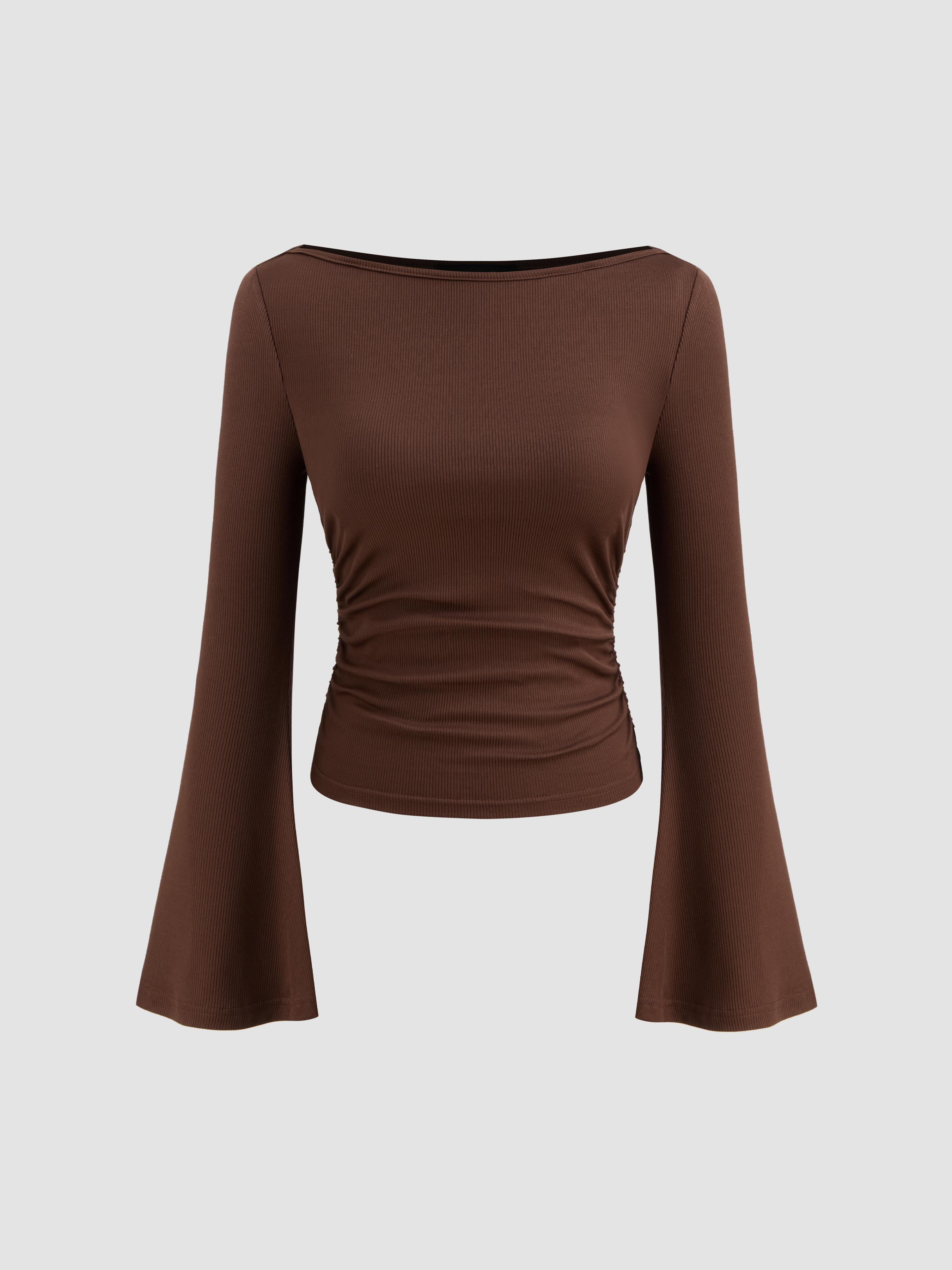 Boat Neck Solid Ruched Long Sleeve Tee by CIDER