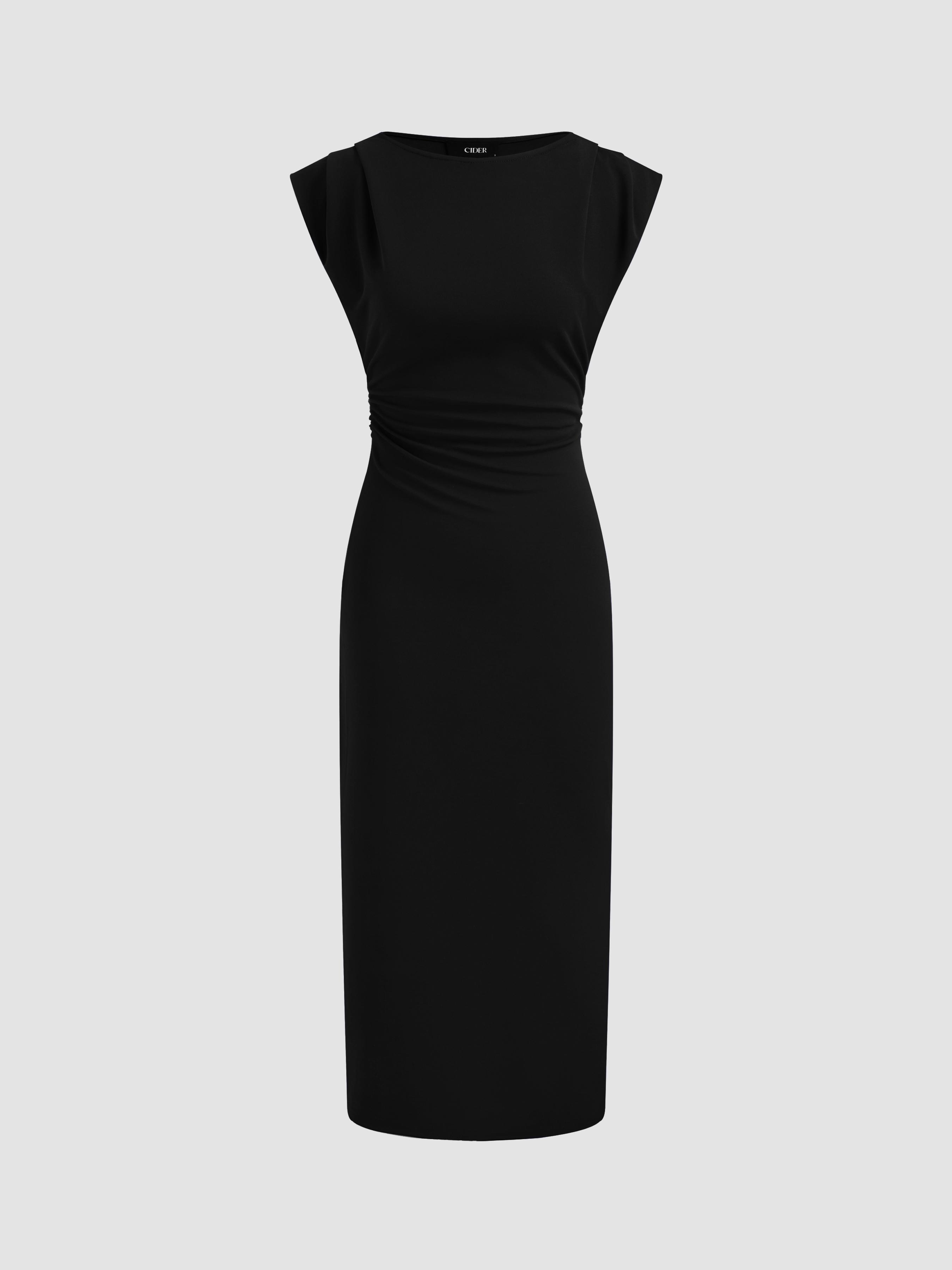 Boat Neck Solid Ruched Maxi Dress by CIDER