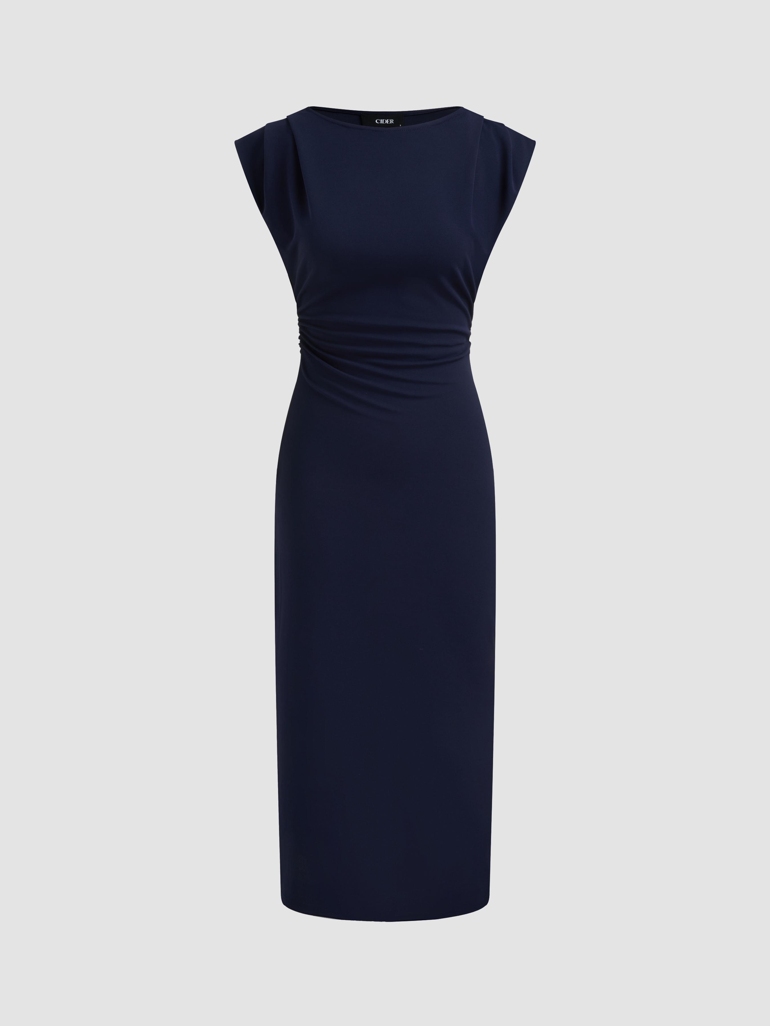 Boat Neck Solid Ruched Maxi Dress by CIDER