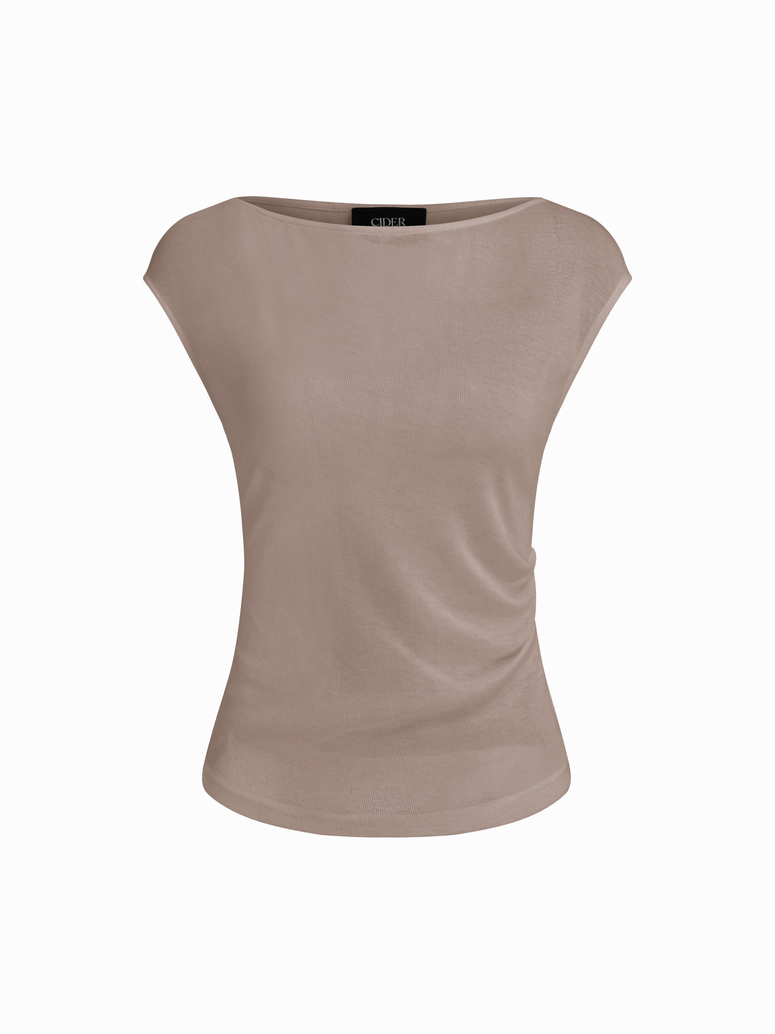 Boat Neck Solid Ruched Short Sleeve Top by CIDER