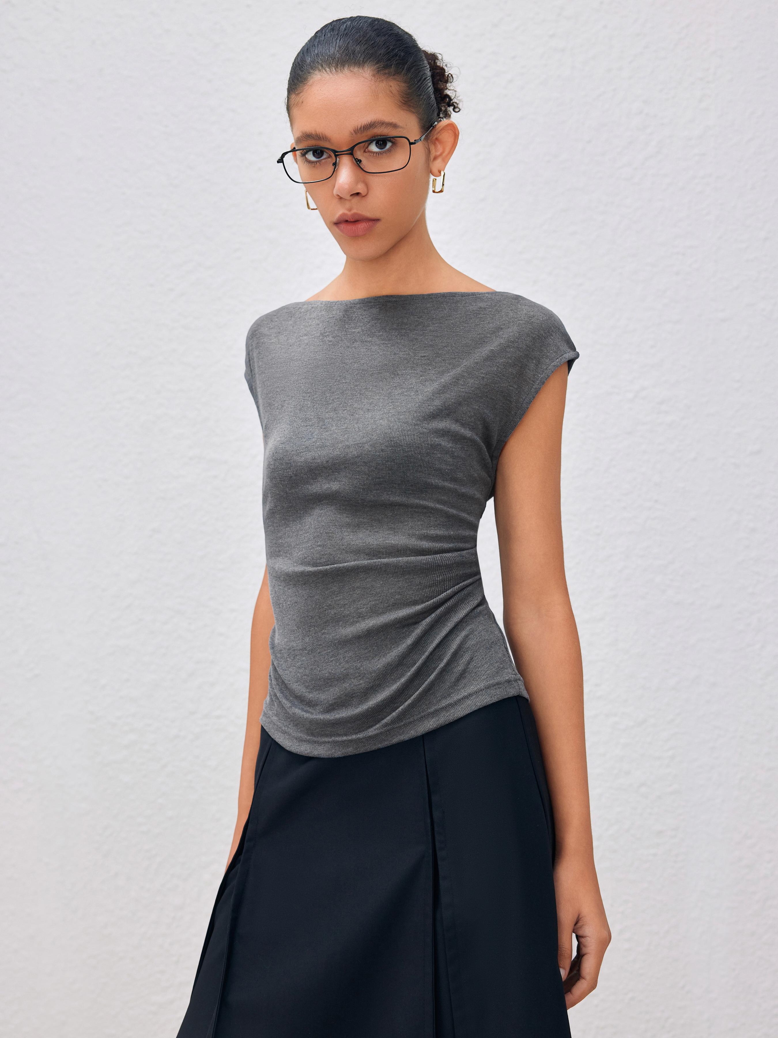 Boat Neck Solid Ruched Short Sleeve Top by CIDER