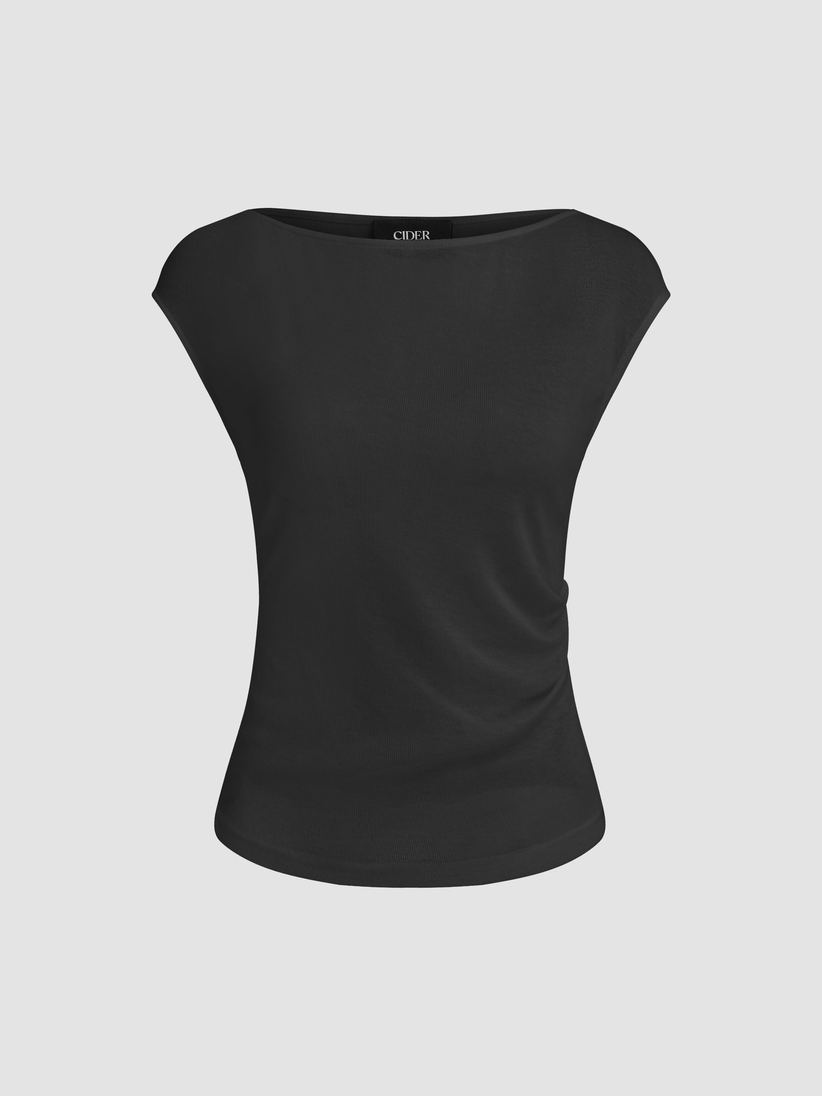Boat Neck Solid Ruched Short Sleeve Top by CIDER