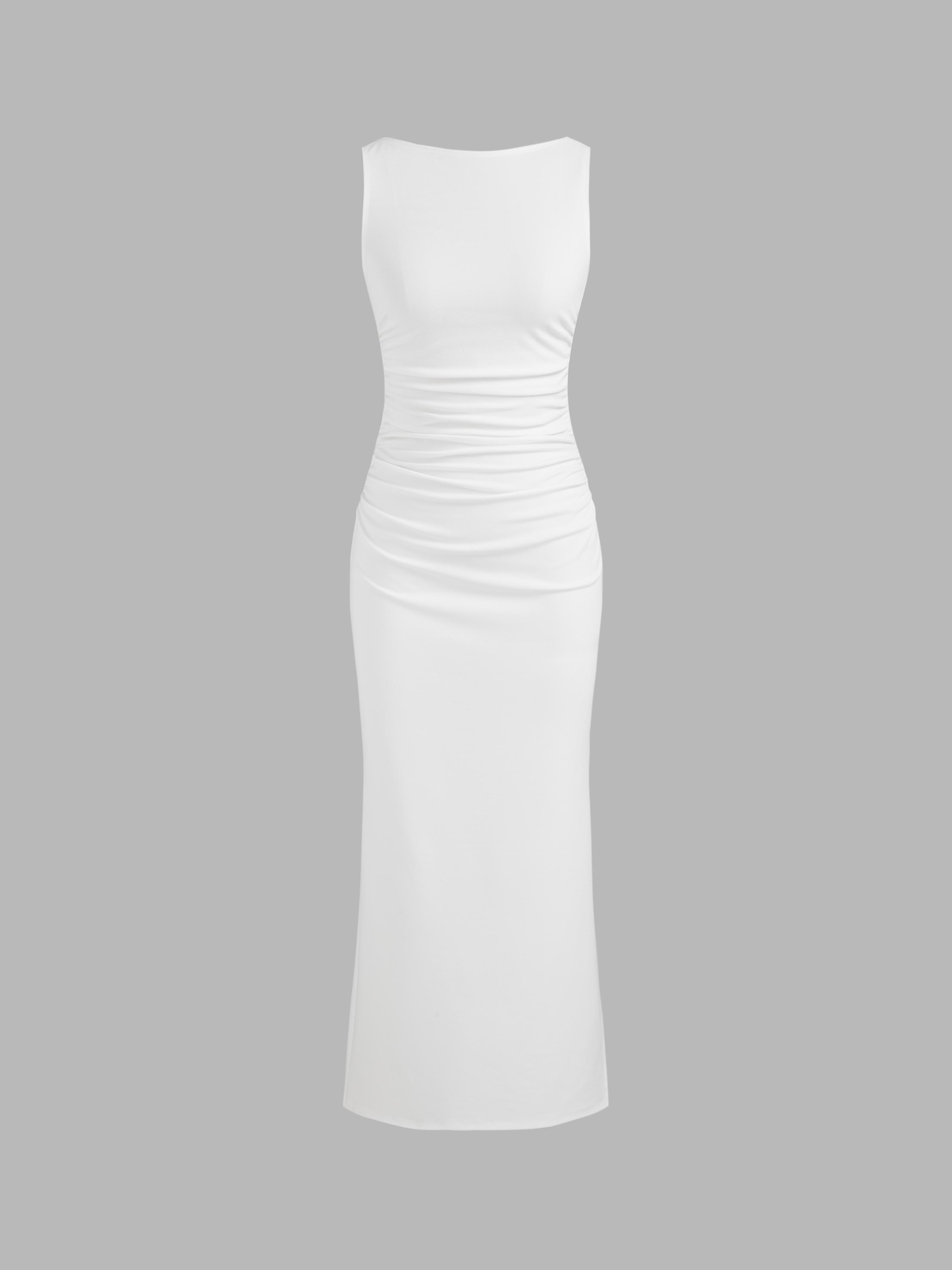 Boat Neck Solid Ruched Split Maxi Dress by CIDER
