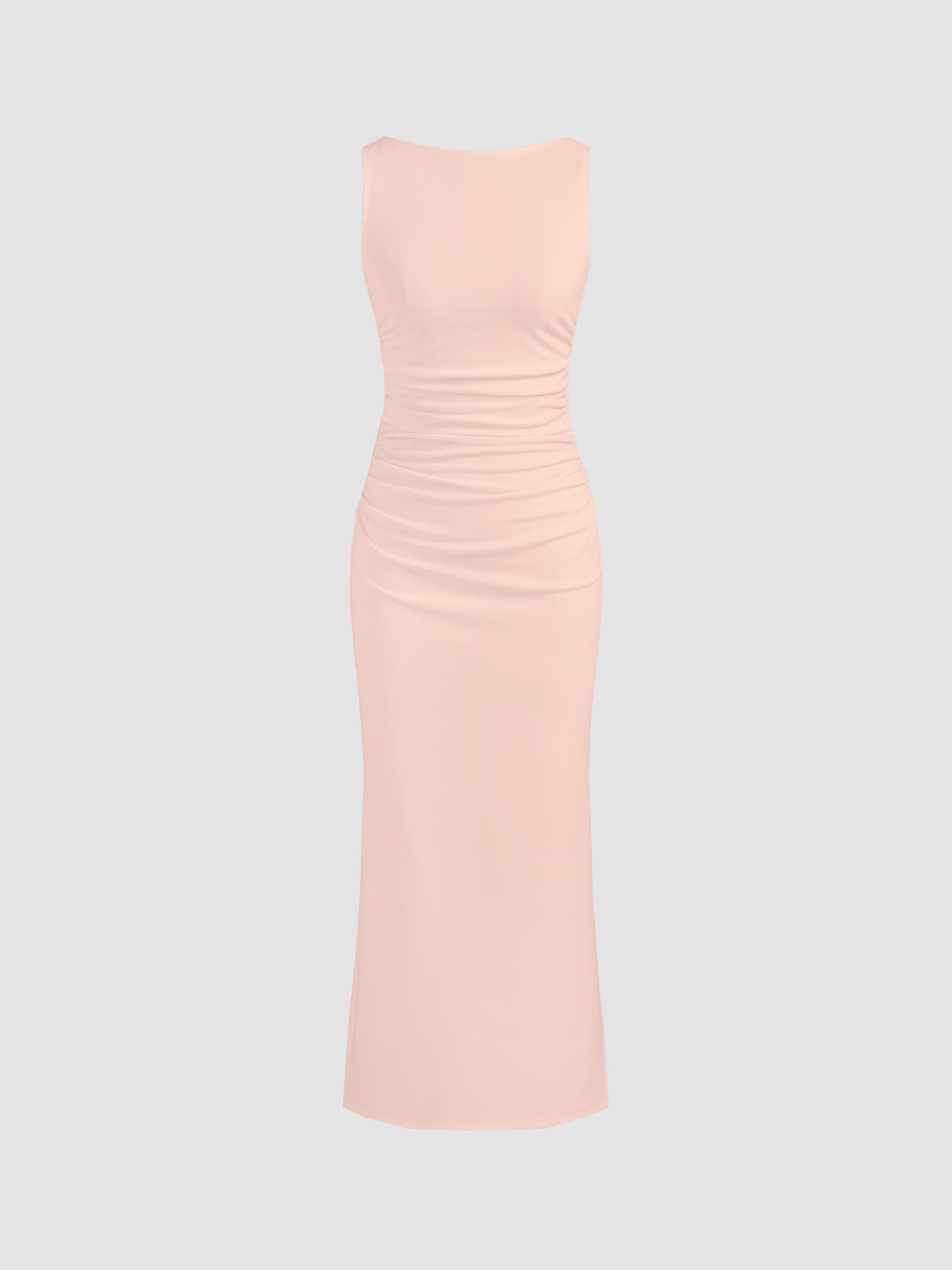 Boat Neck Solid Ruched Split Maxi Dress by CIDER