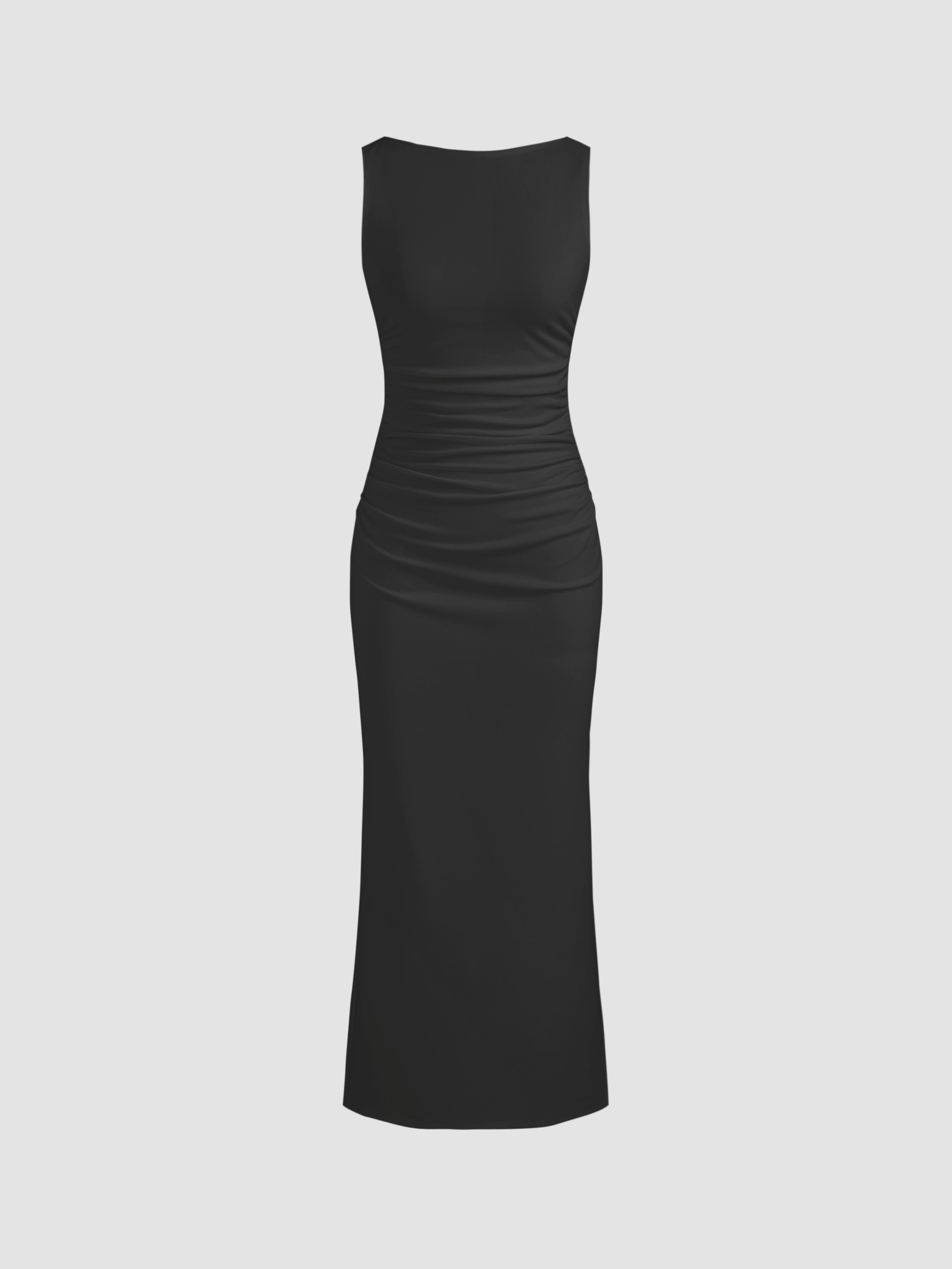 Boat Neck Solid Ruched Split Maxi Dress by CIDER