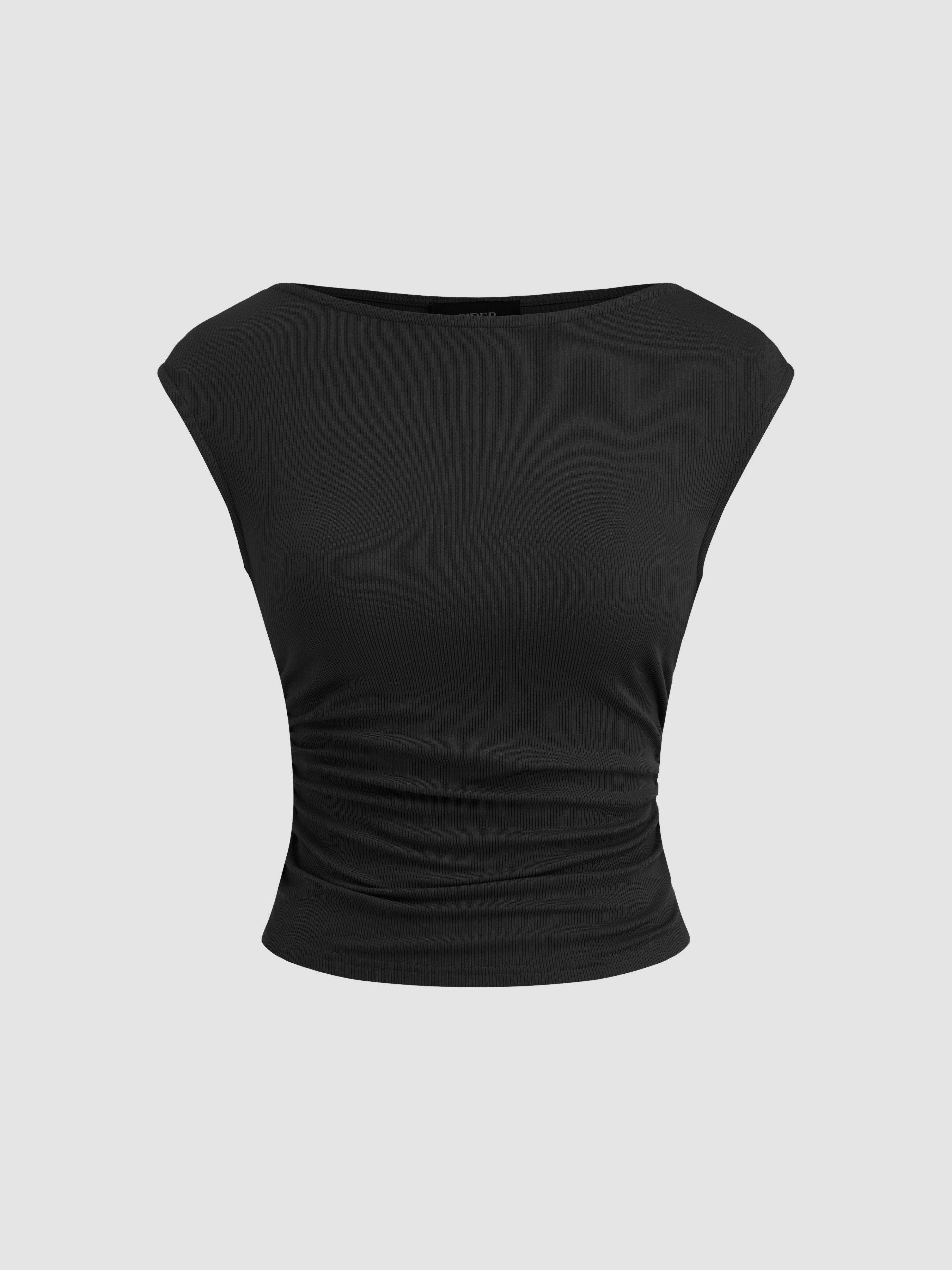 Boat Neck Solid Ruched Tank Top by CIDER