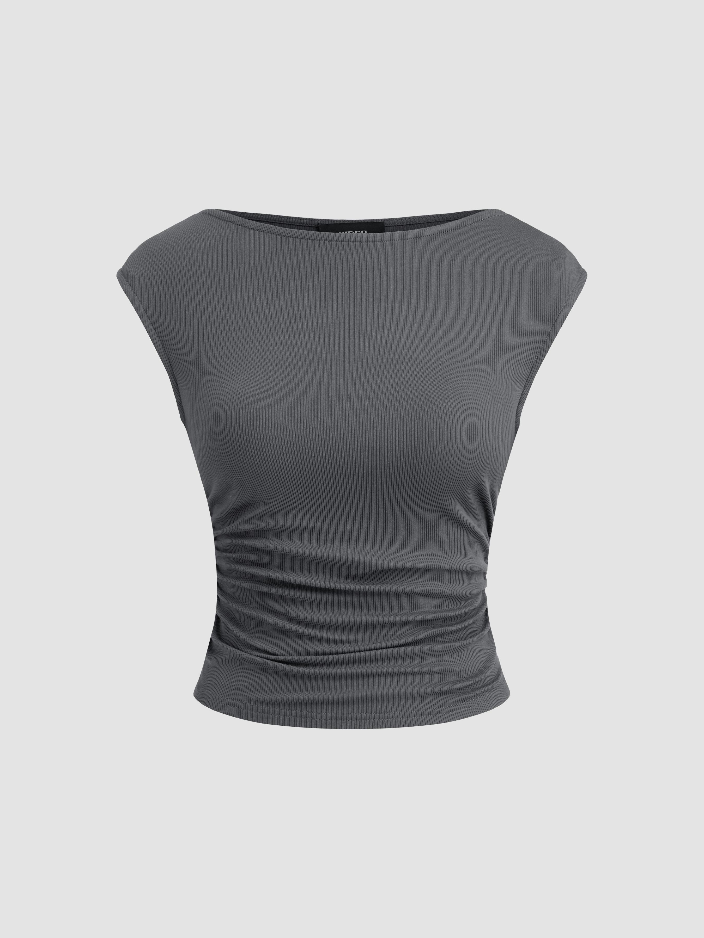 Boat Neck Solid Ruched Tank Top by CIDER