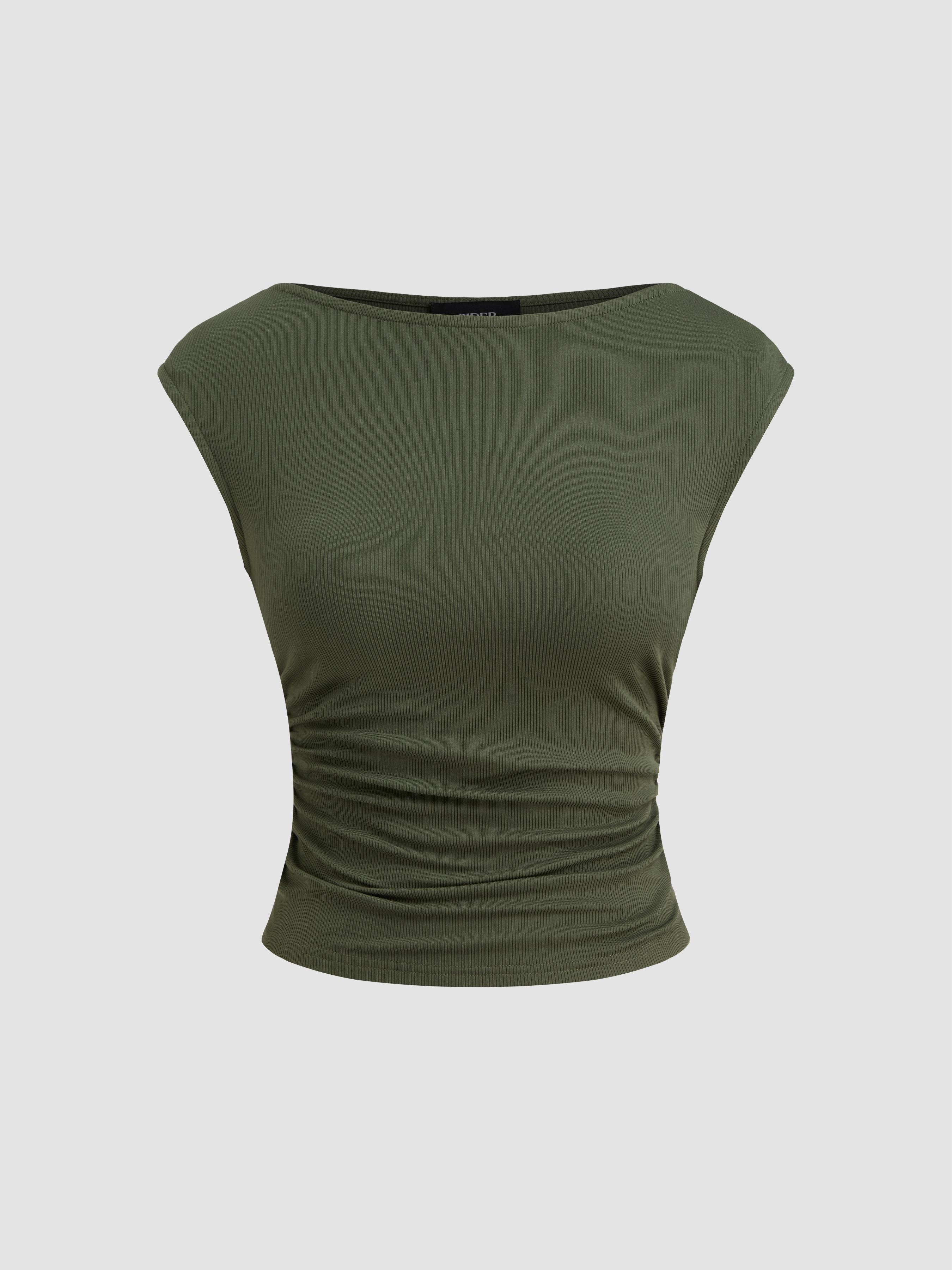 Boat Neck Solid Ruched Tank Top by CIDER