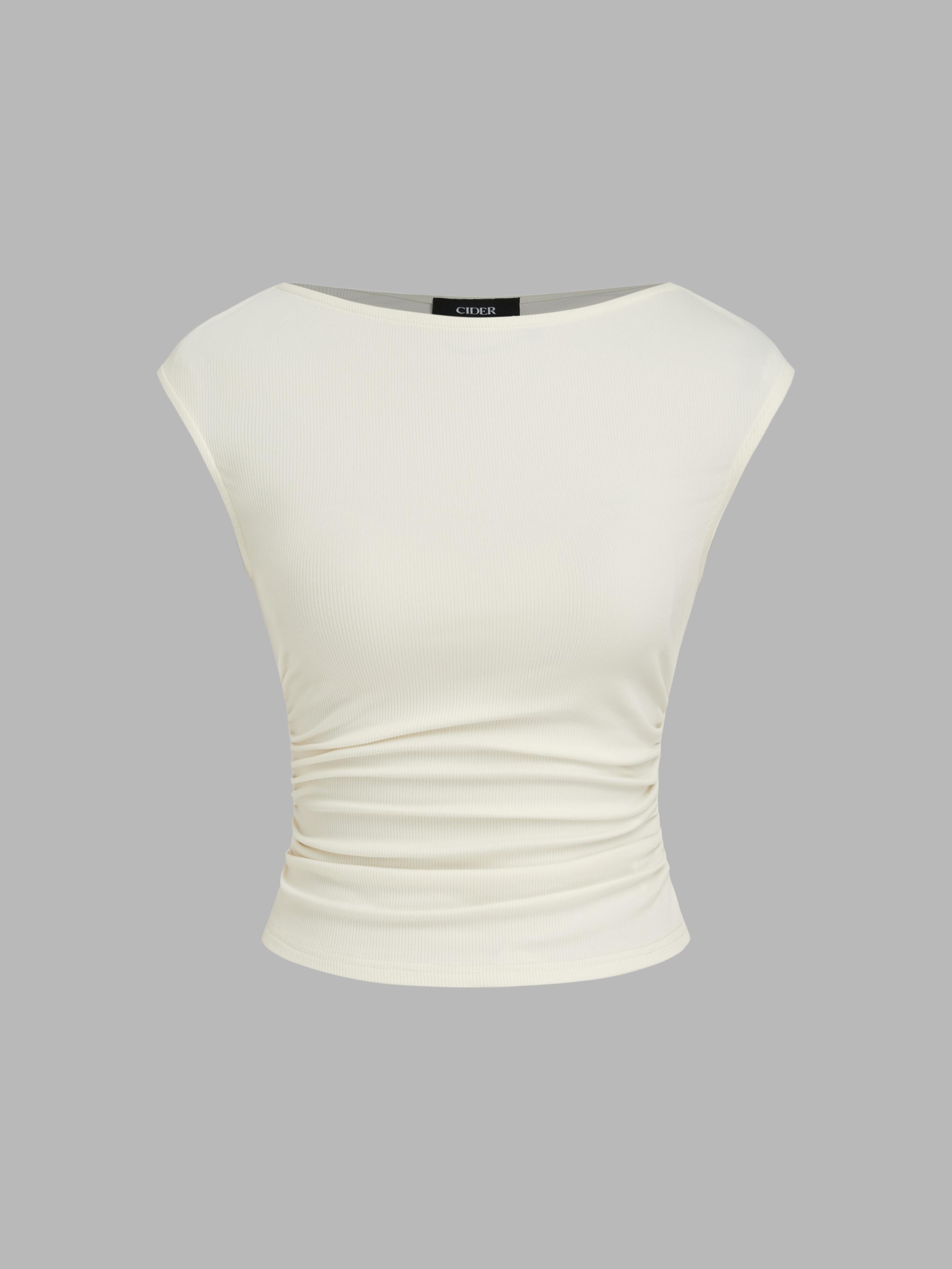 Boat Neck Solid Ruched Tank Top by CIDER