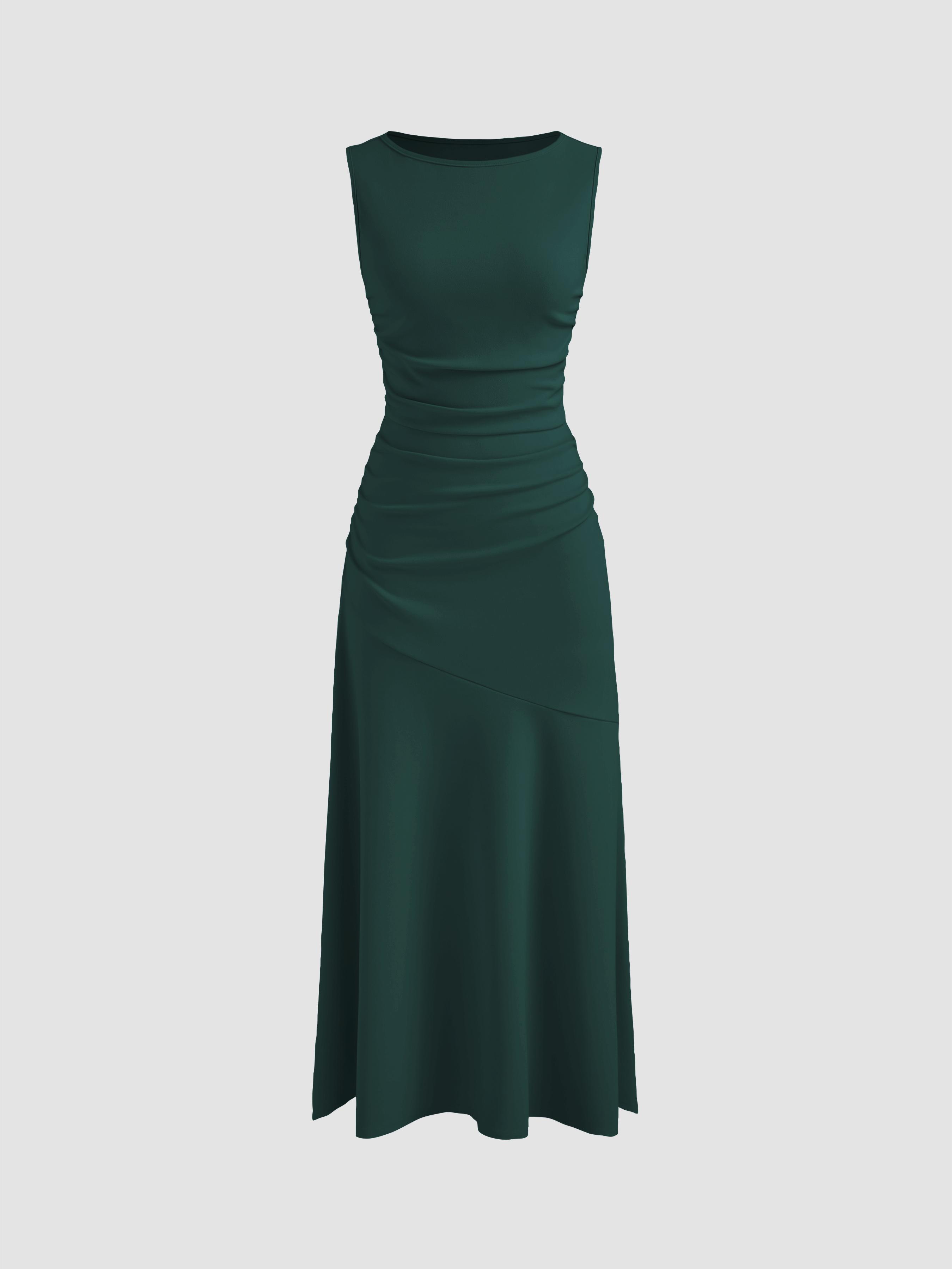 Boat Neck Solid Ruffle Ruched Maxi Dress by CIDER