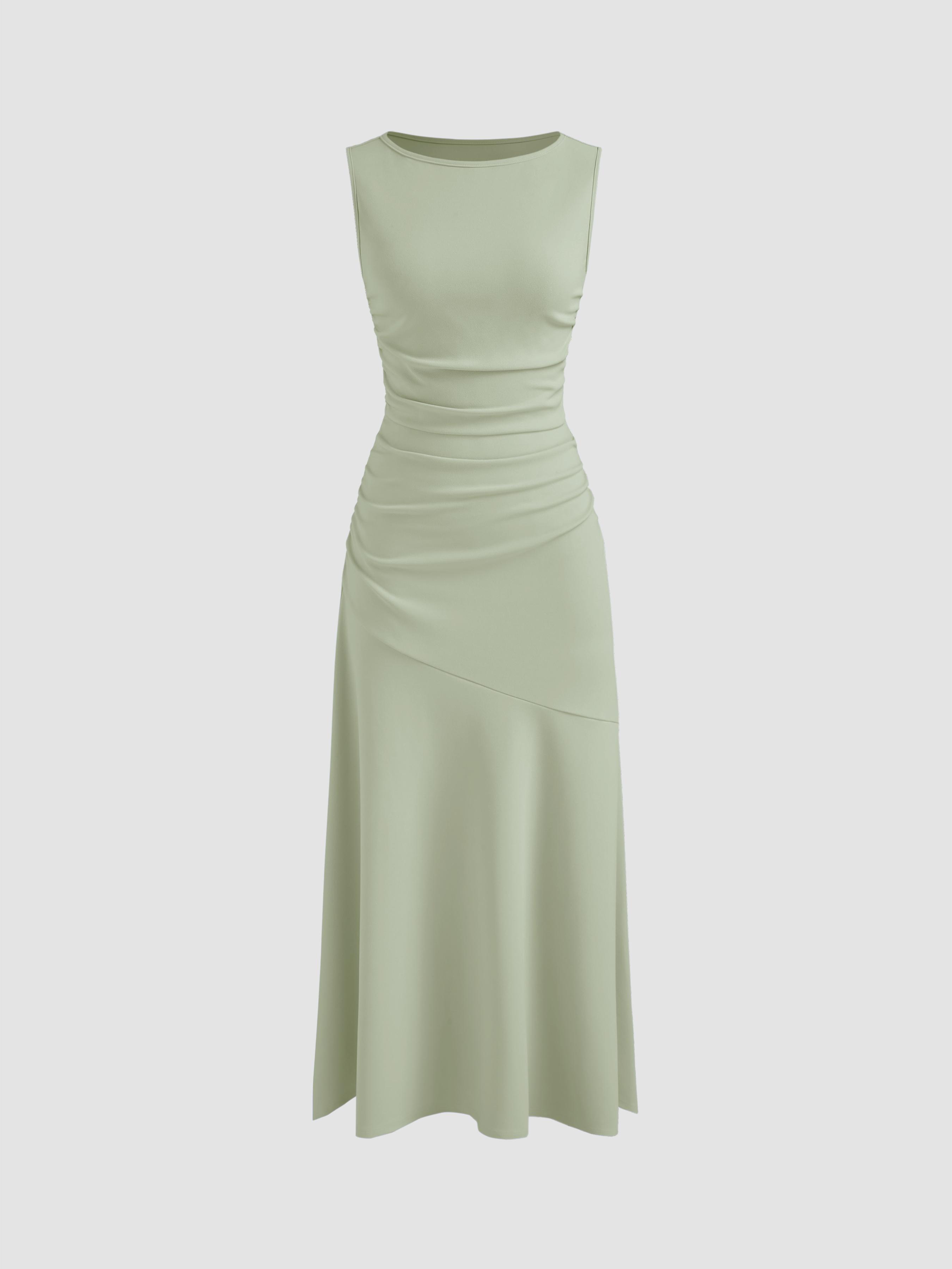 Boat Neck Solid Ruffle Ruched Maxi Dress by CIDER