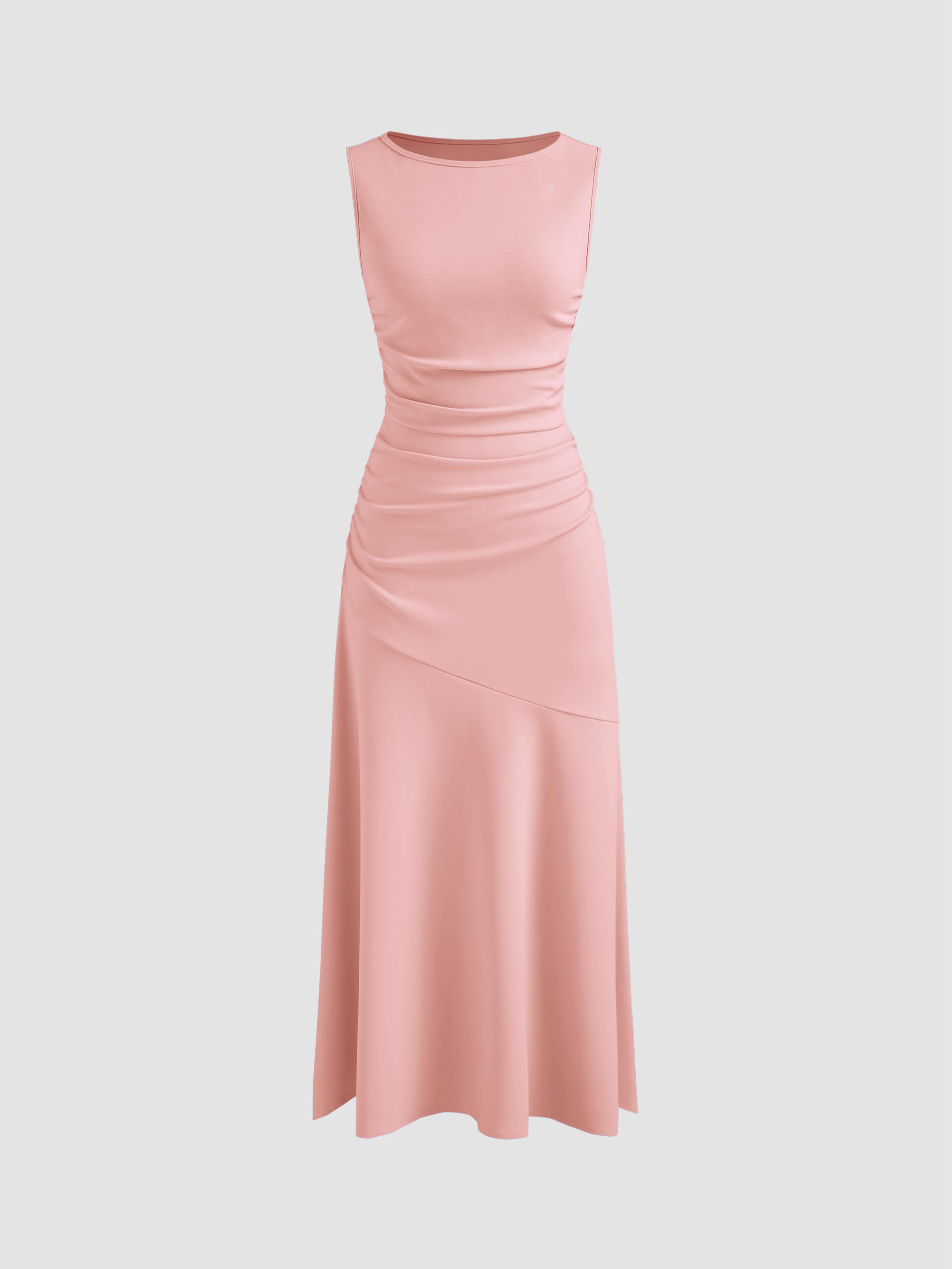 Boat Neck Solid Ruffle Ruched Maxi Dress by CIDER