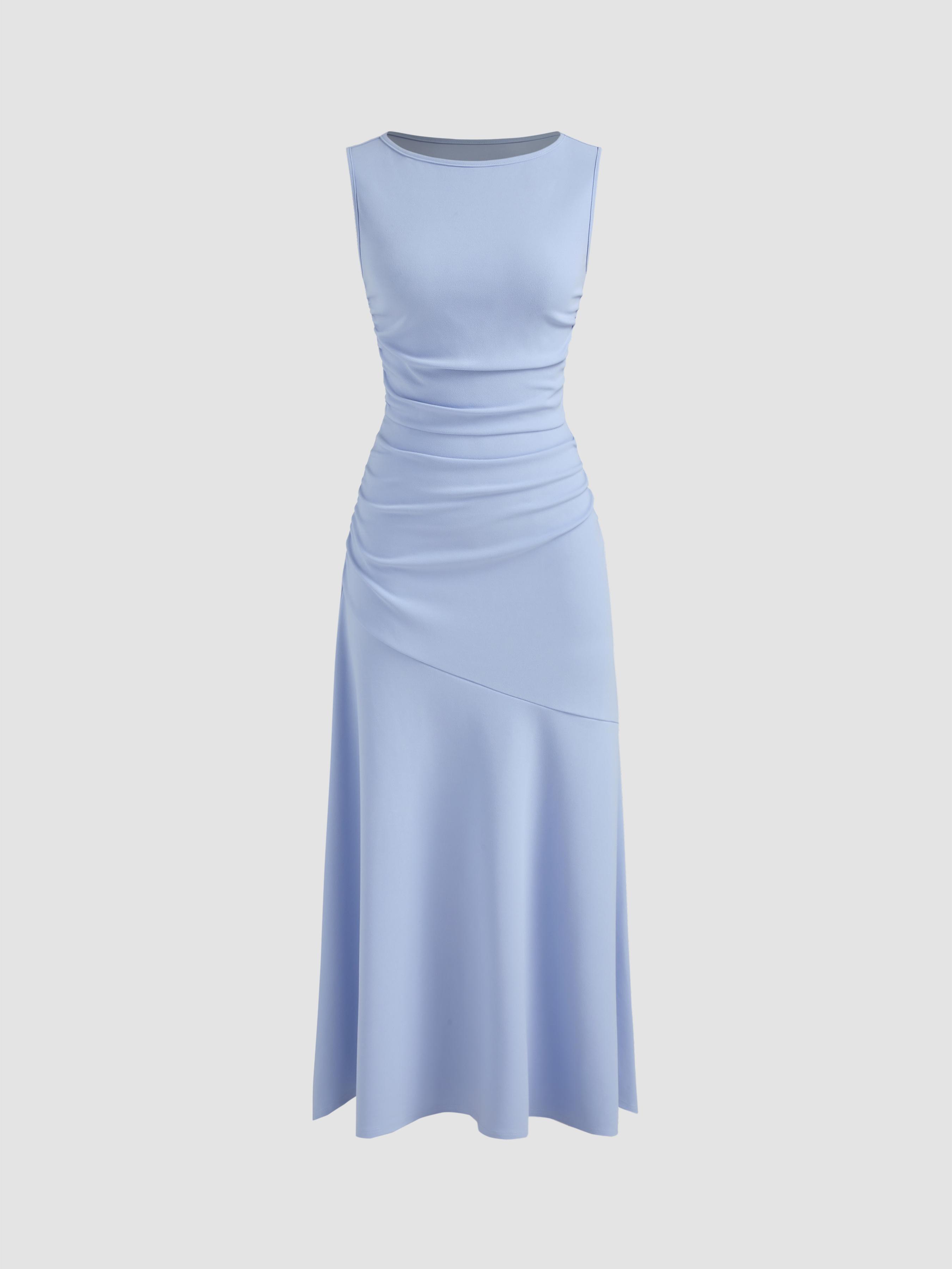 Boat Neck Solid Ruffle Ruched Maxi Dress by CIDER