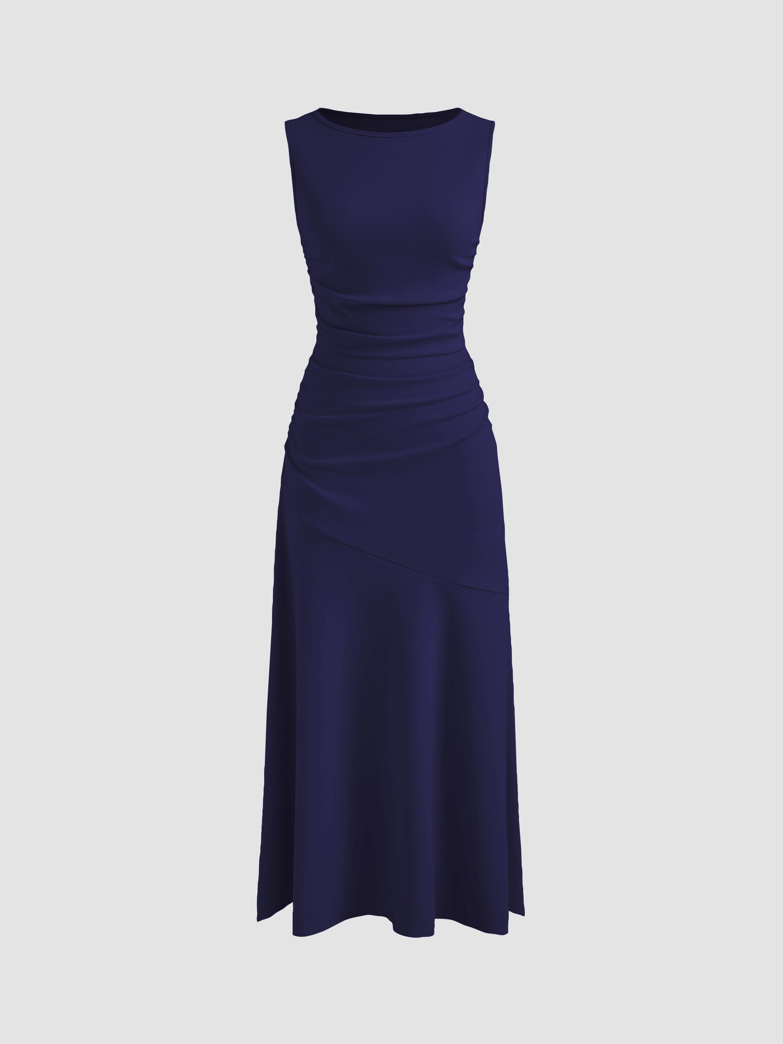Boat Neck Solid Ruffle Ruched Maxi Dress by CIDER