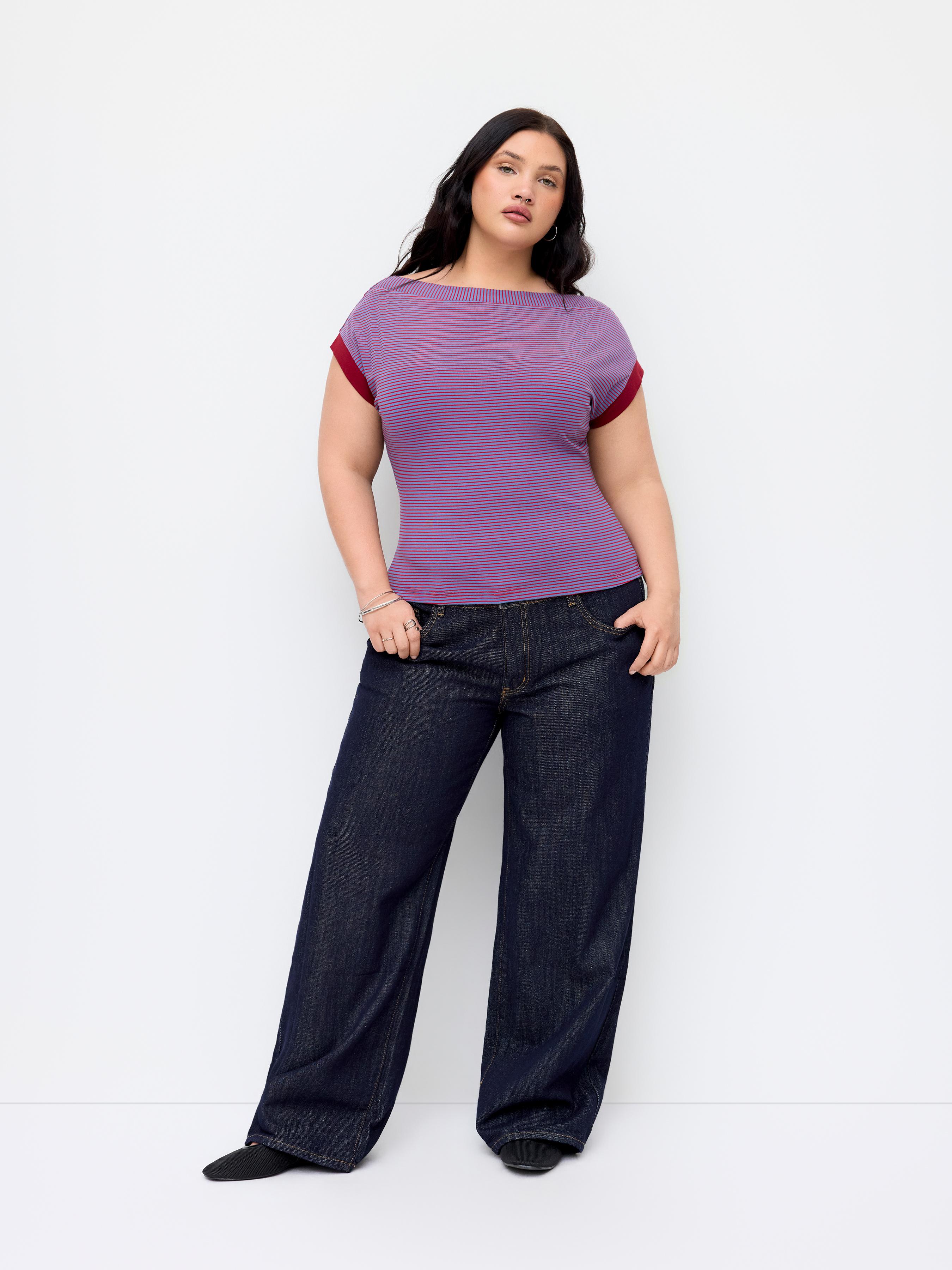 Boat Neck Stripe Contrasting Binding Short Sleeve Tee Curve & Plus by CIDER