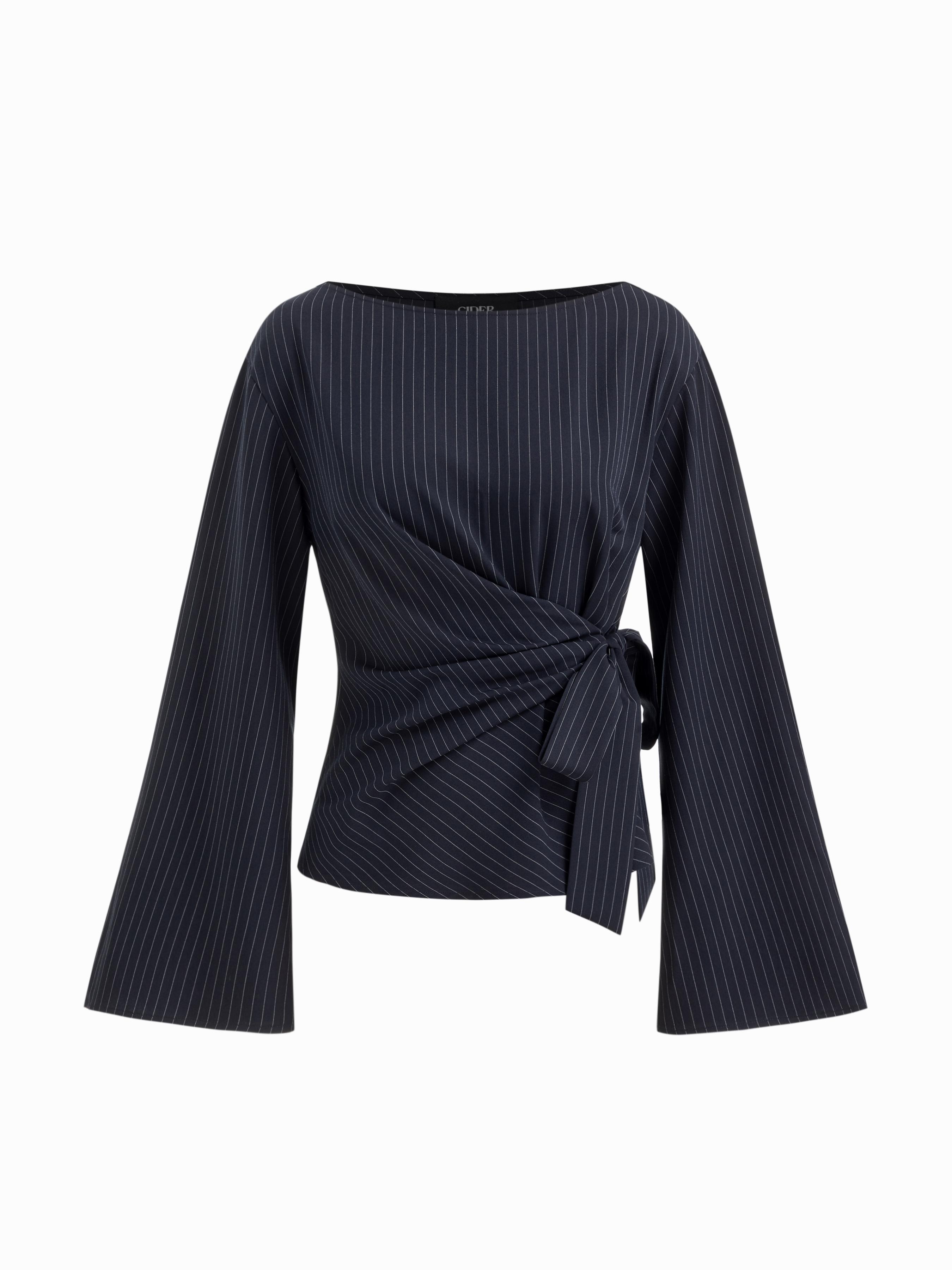 Boat Neck Stripe Knotted Bell Sleeve Blouse by CIDER
