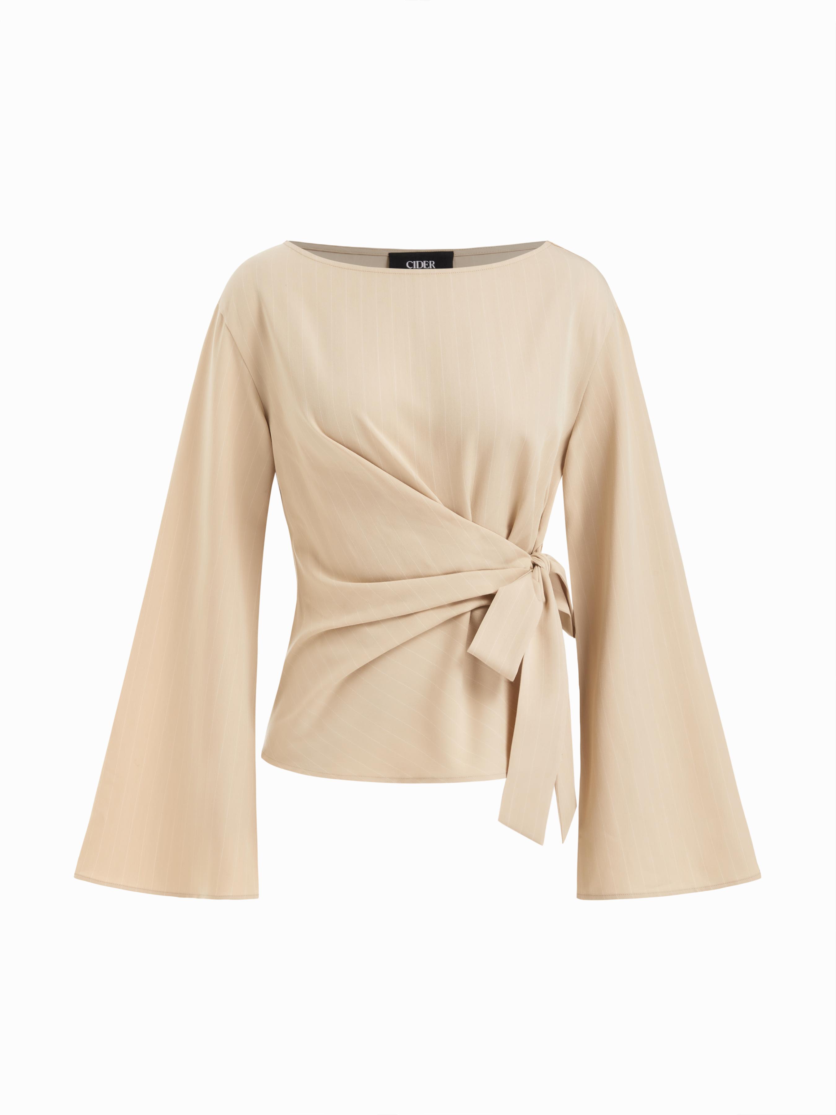 Boat Neck Stripe Knotted Bell Sleeve Blouse by CIDER