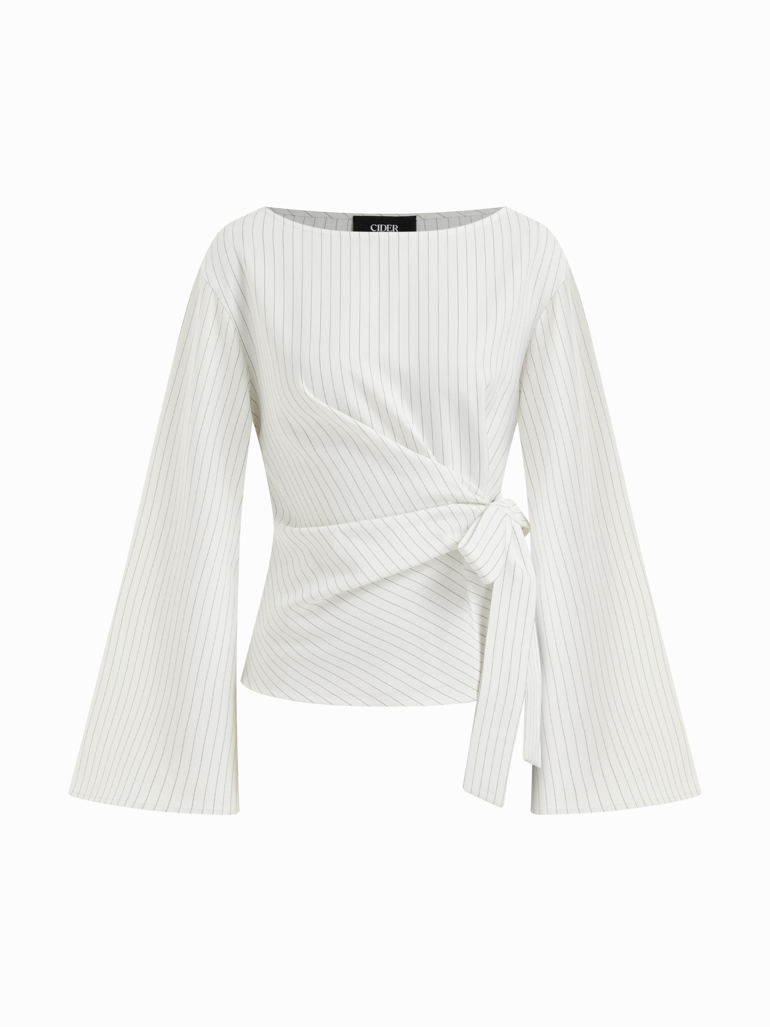 Boat Neck Stripe Knotted Bell Sleeve Blouse by CIDER