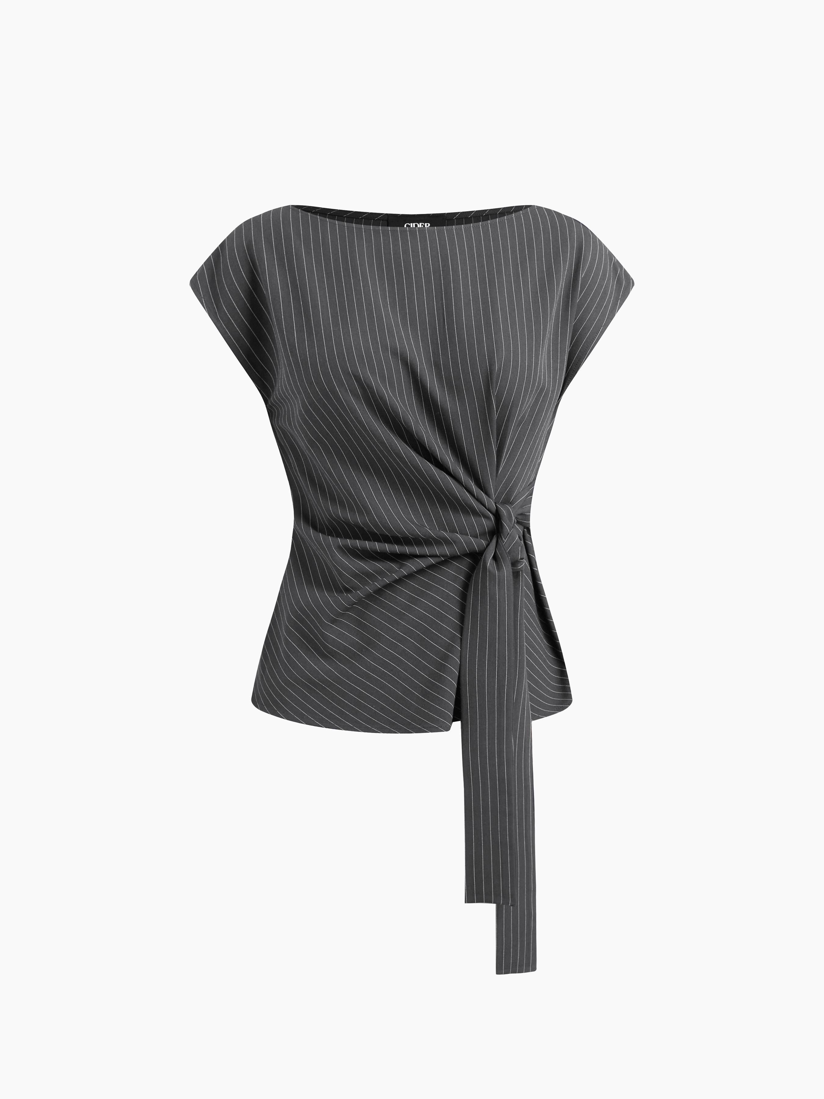 Boat Neck Stripe Knotted Oversized Top by CIDER