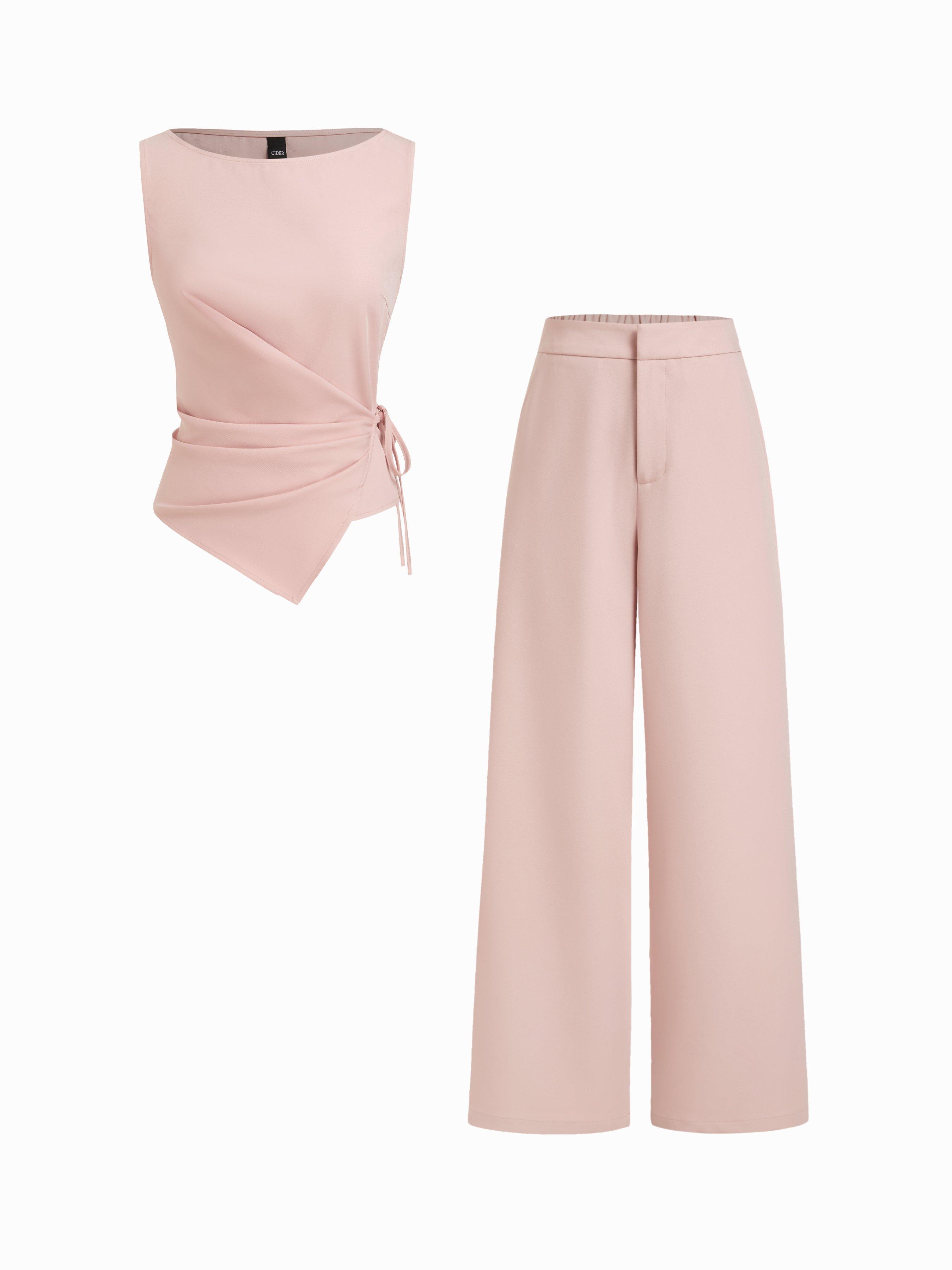 Boat Neck Striped Wrap Knotted Top & Mid Rise Straight Leg Trousers Set by CIDER