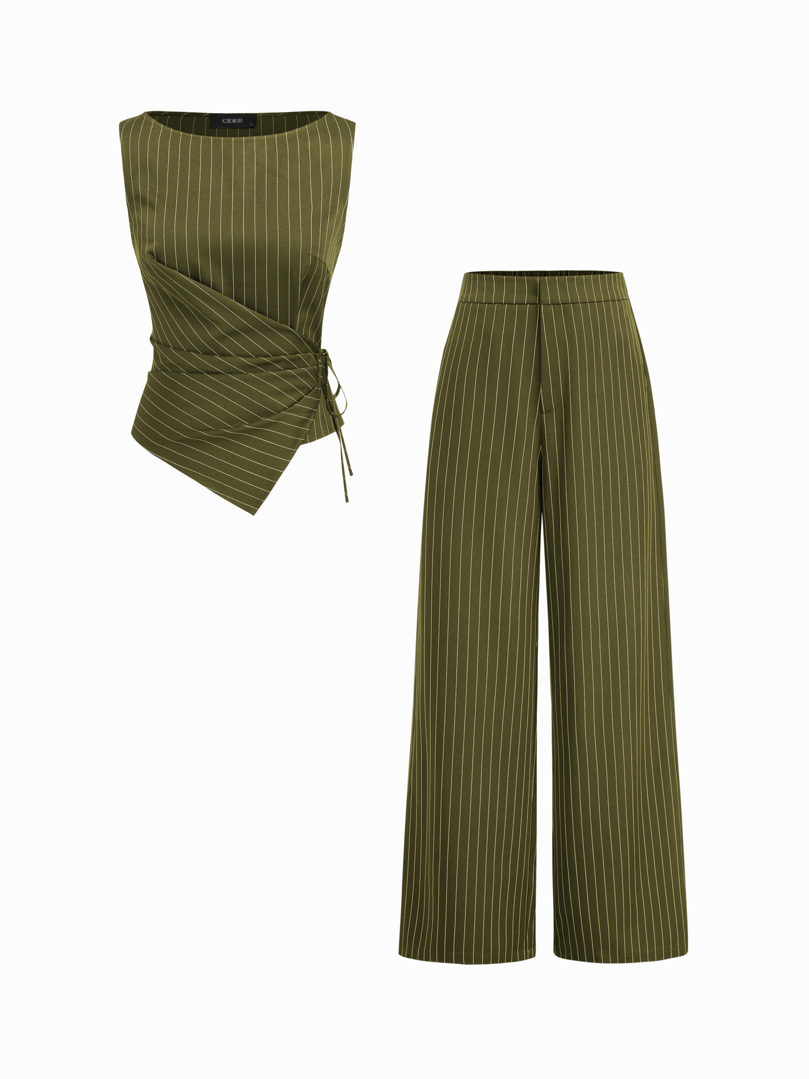 Boat Neck Striped Wrap Knotted Top & Mid Rise Straight Leg Trousers Set by CIDER