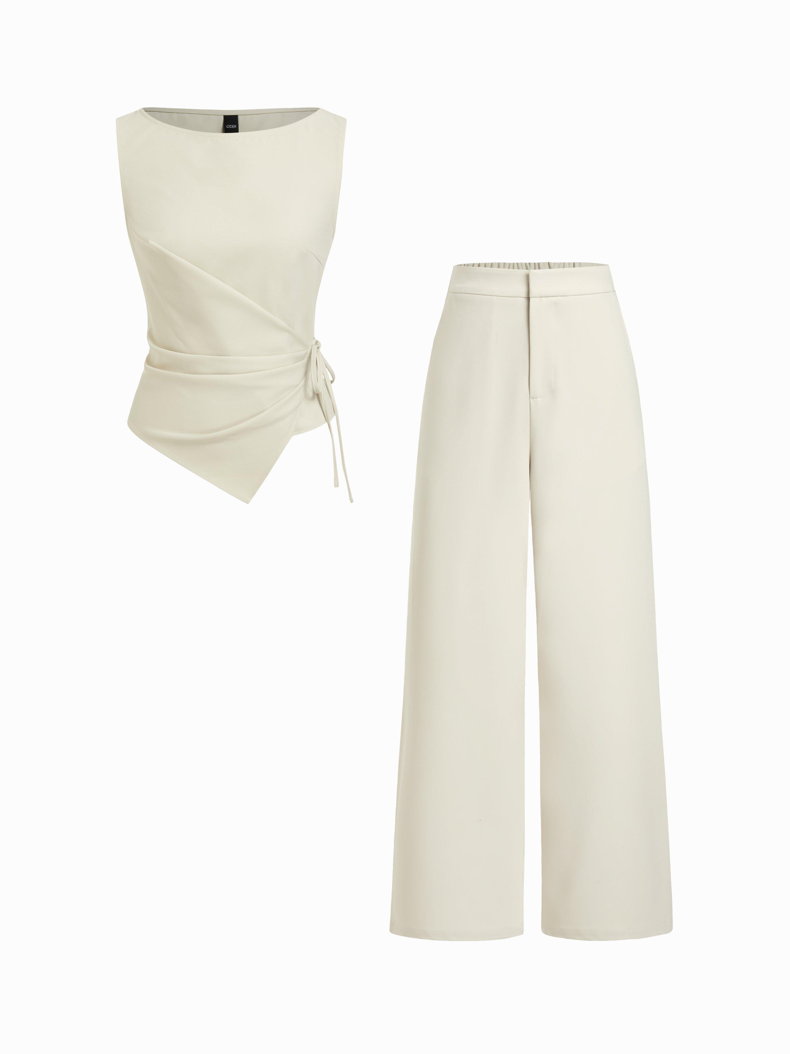 Boat Neck Striped Wrap Knotted Top & Mid Rise Straight Leg Trousers Set by CIDER