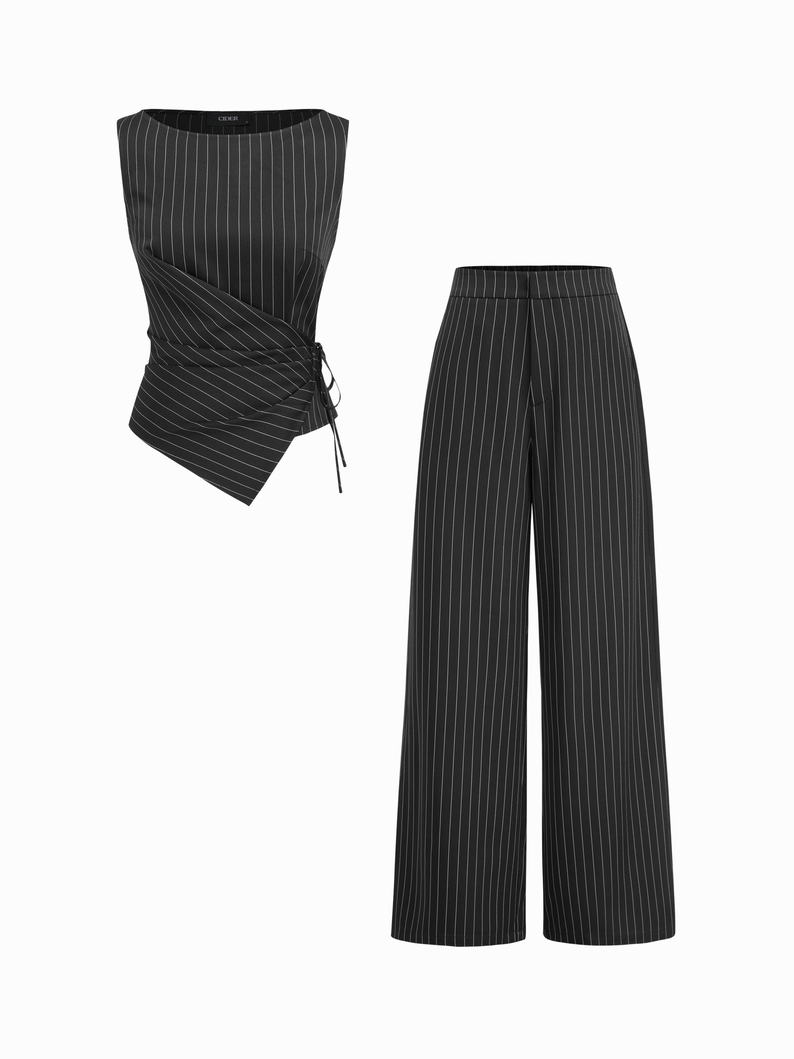 Boat Neck Striped Wrap Knotted Top & Mid Rise Straight Leg Trousers Set by CIDER