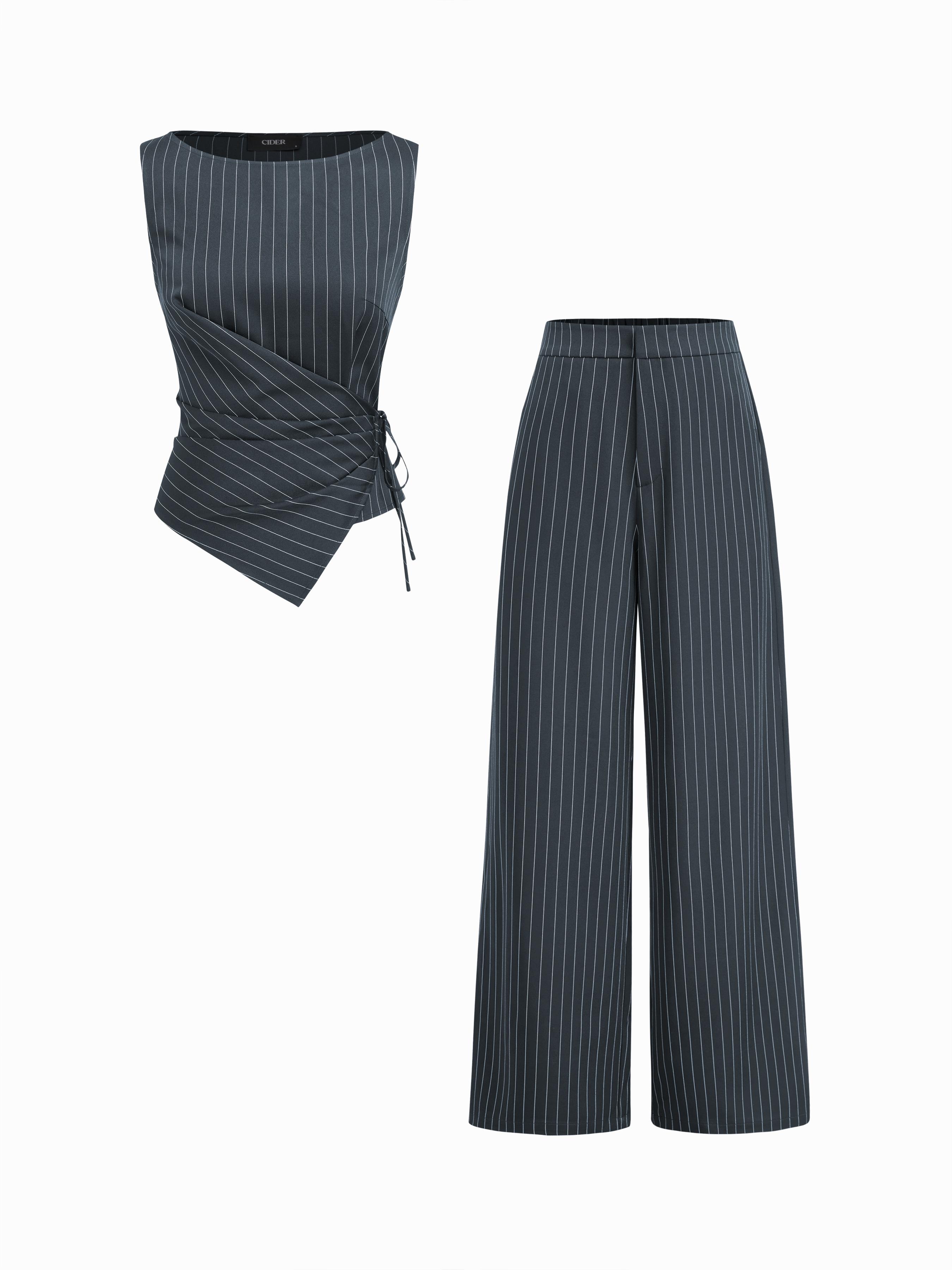 Boat Neck Striped Wrap Knotted Top & Mid Rise Straight Leg Trousers Set by CIDER