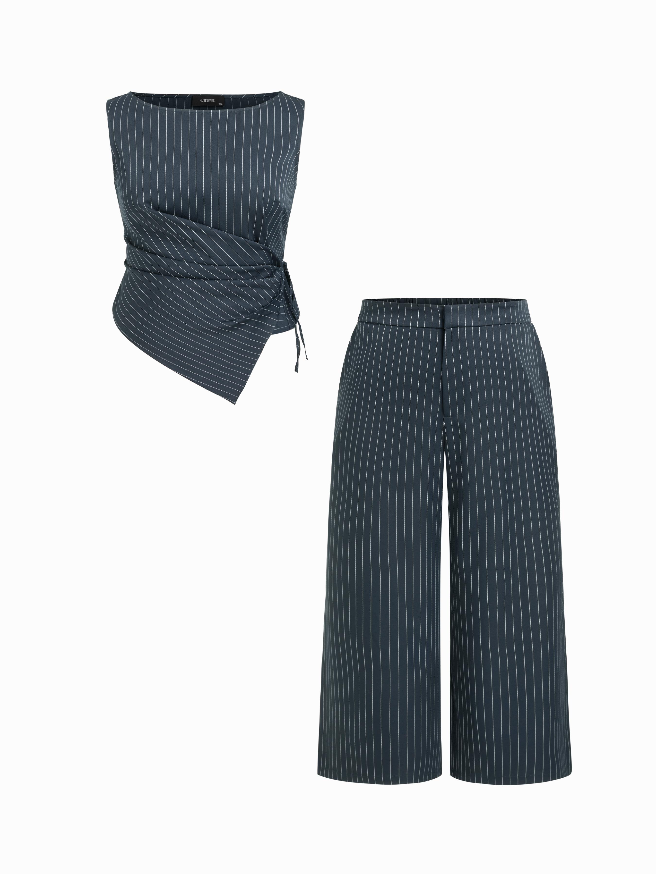 Boat Neck Striped Wrap Knotted Top & Mid Rise Wide Leg Trousers Set Curve & Plus by CIDER