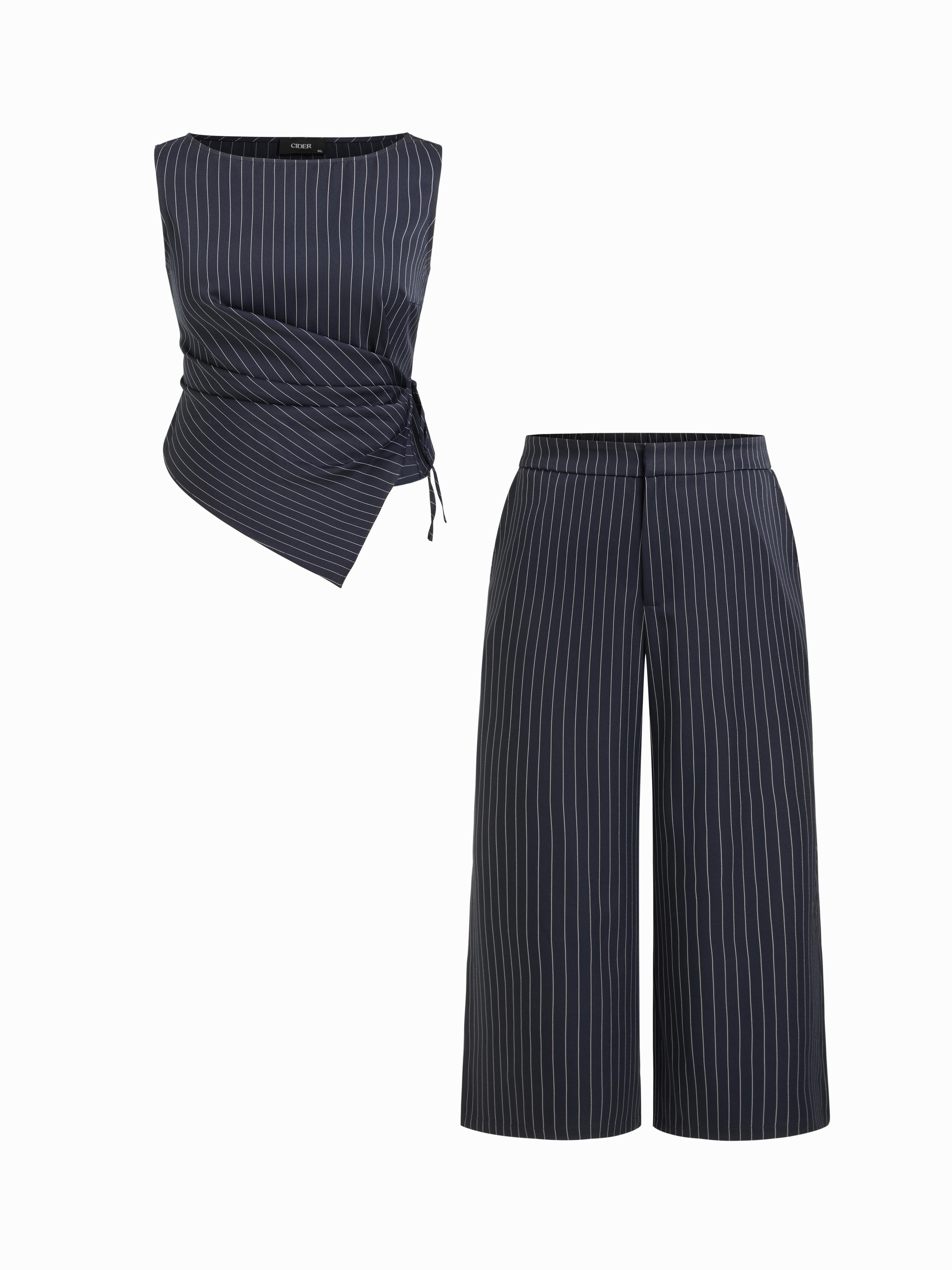 Boat Neck Striped Wrap Knotted Top & Mid Rise Wide Leg Trousers Set Curve & Plus by CIDER