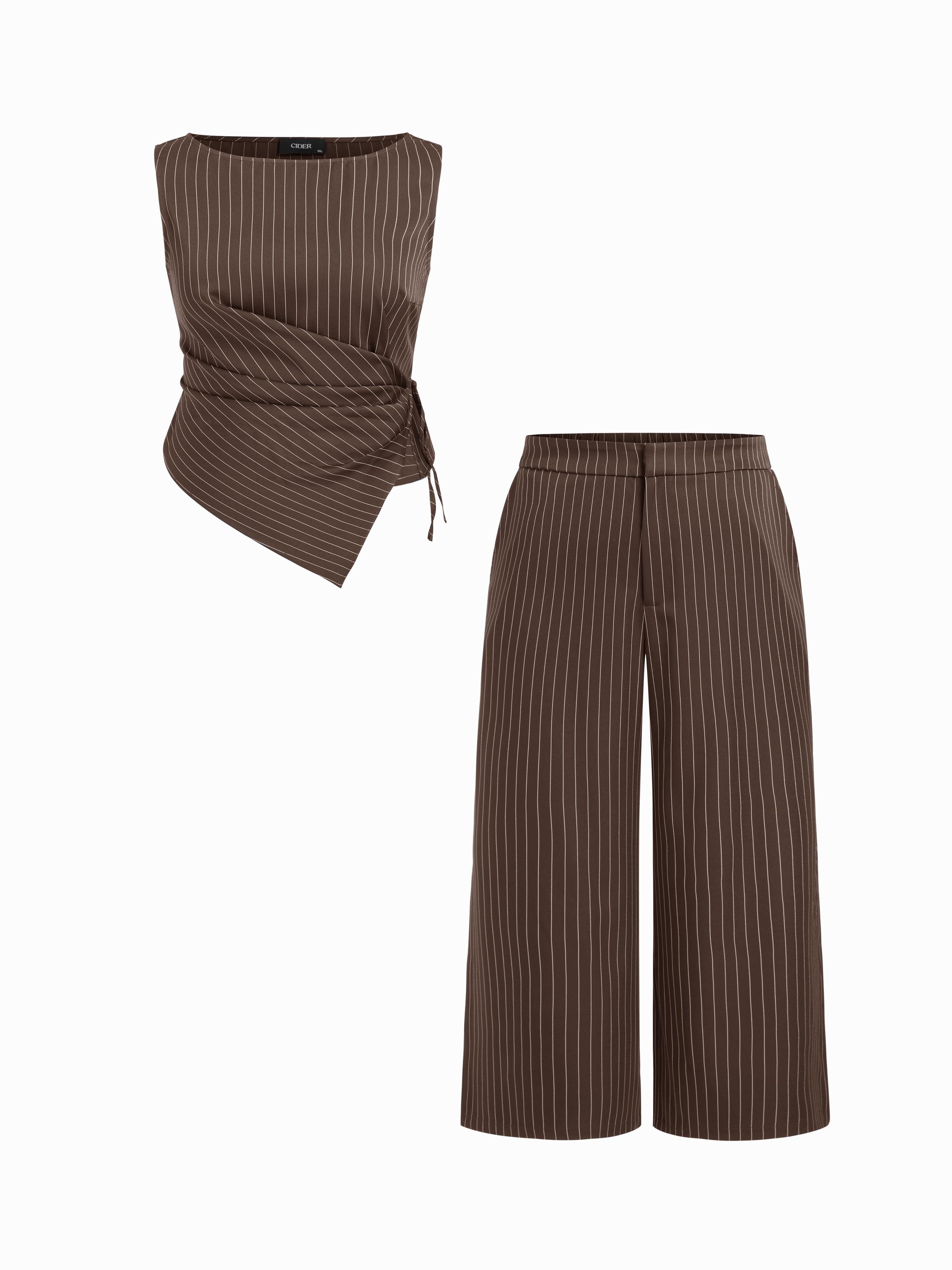 Boat Neck Striped Wrap Knotted Top & Mid Rise Wide Leg Trousers Set Curve & Plus by CIDER