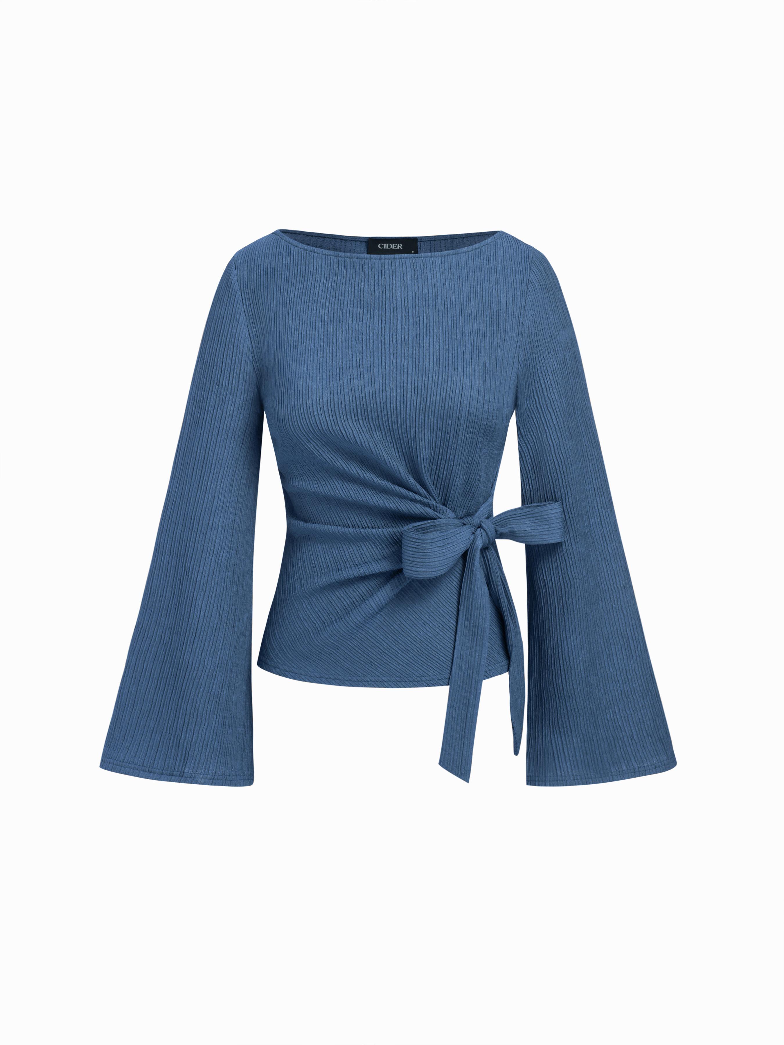 Boat Neck Textured Side Knotted Ruched Long Sleeve Top by CIDER