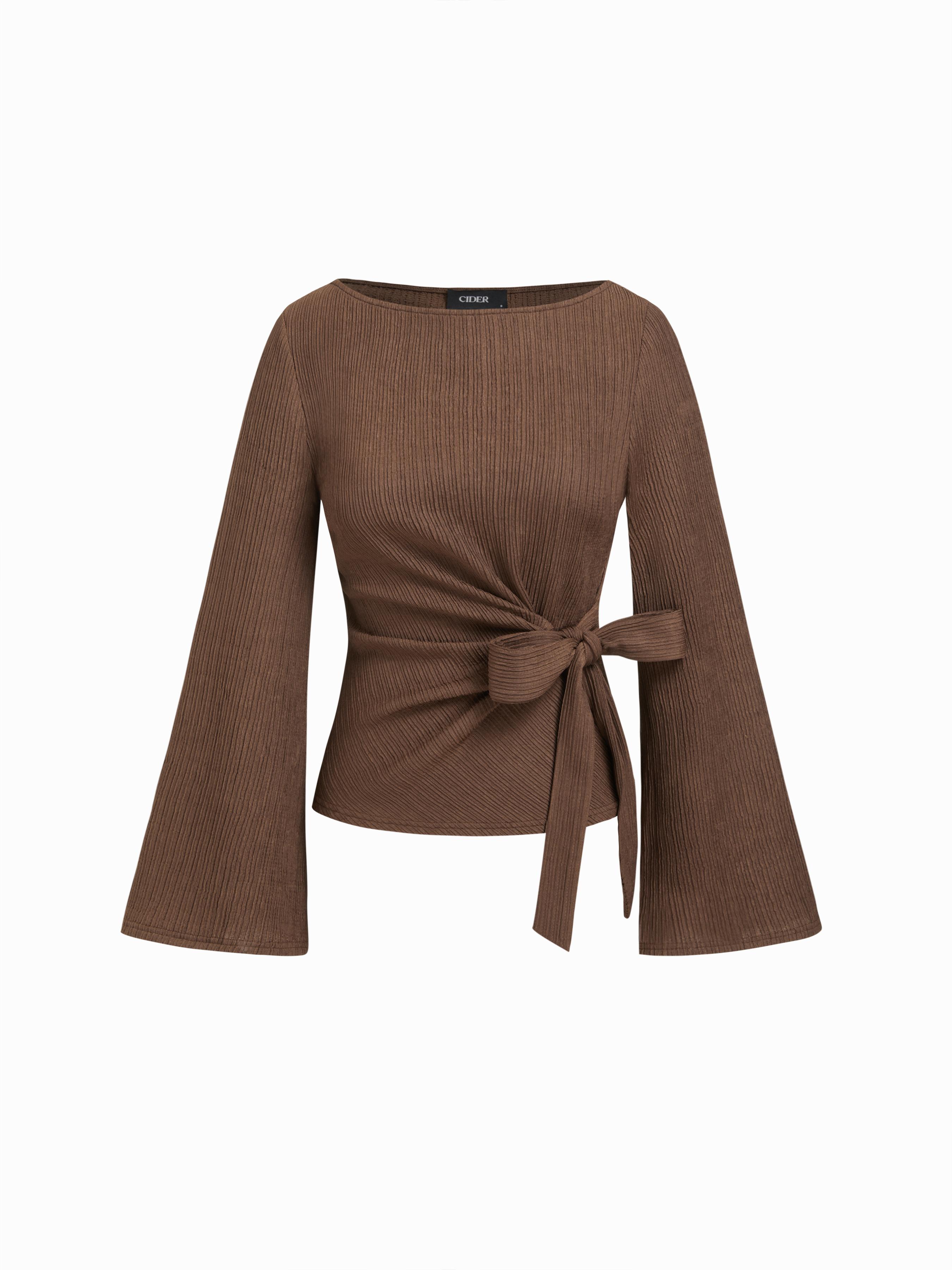 Boat Neck Textured Side Knotted Ruched Long Sleeve Top by CIDER
