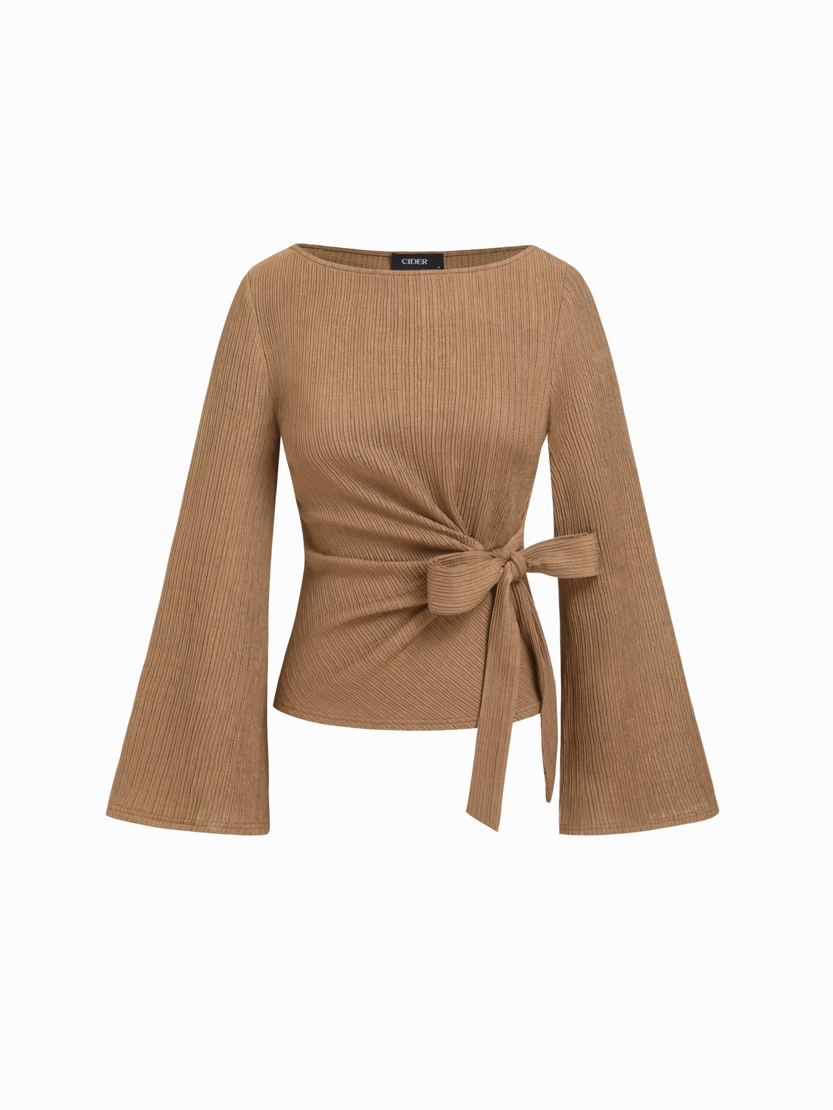 Boat Neck Textured Side Knotted Ruched Long Sleeve Top by CIDER