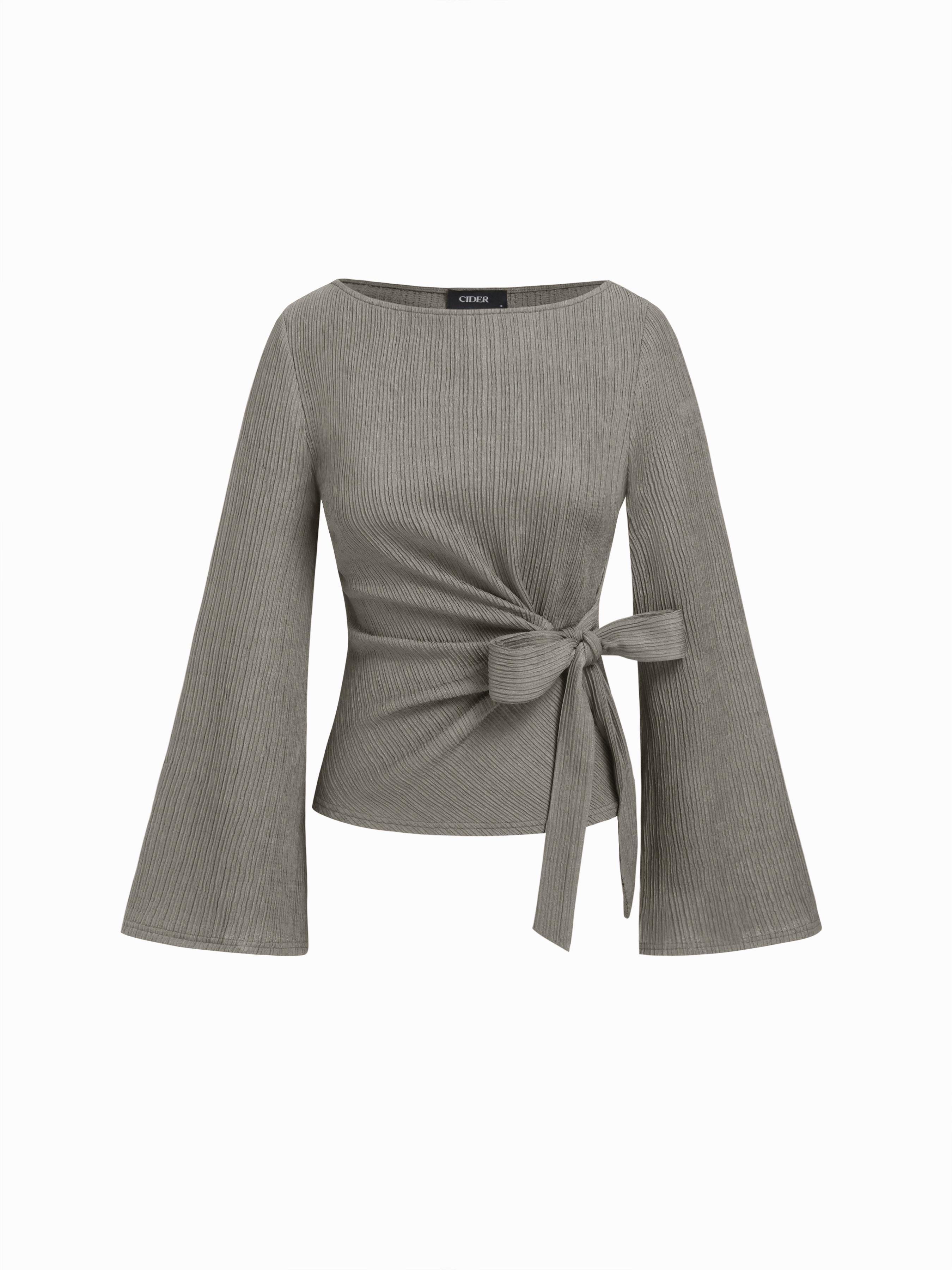 Boat Neck Textured Side Knotted Ruched Long Sleeve Top by CIDER